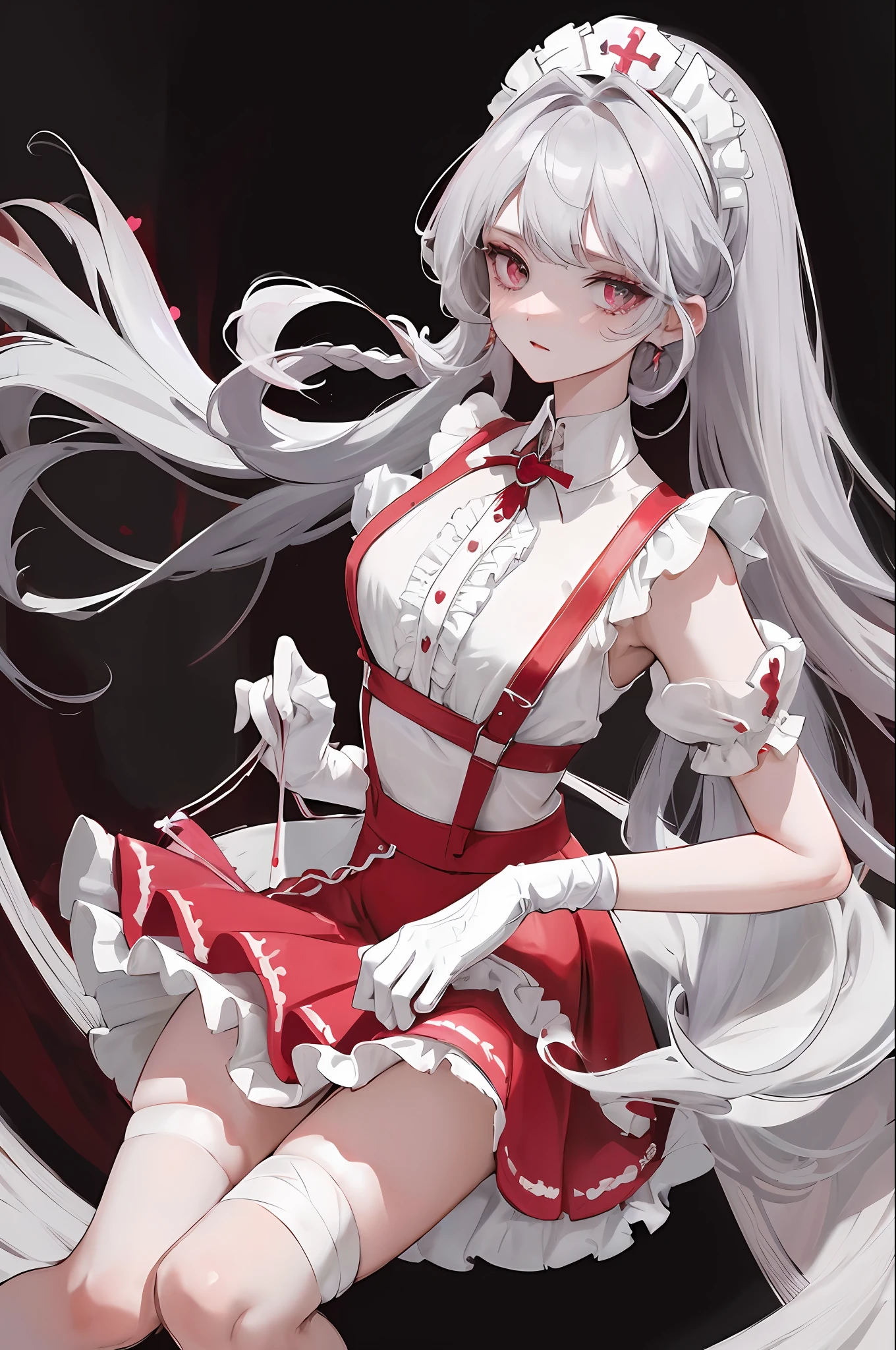 Blood, lots of dark red love heart decoration, love heart-shaped gemstone edge set with pearls, white collarless dress skirt, unique design collar, layered skirt, asymmetrical design, burnt at the end of the skirt, skirt tail cutout, red Mary Jane shoes, off-white openwork suspender stockings, nurse's dress style headdress, short skirt, culottes, frills, ruffles, extreme multiplication, exquisite and complex design, white gloves, gothic, wedding dress, blood, bandages, long gray hair, sideburns are two fine braids, princess cut, extreme details, delicate depiction, Delicate hands depicted , cool colors of the eyes