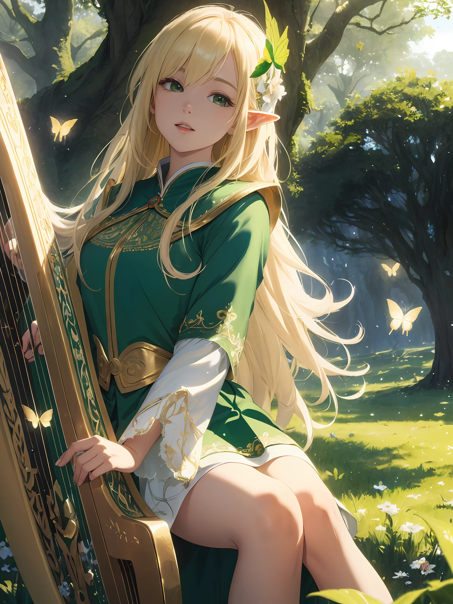 (((Masterpiece, highest quality, high definition, high detail)))), ((((Fantasy)))), one, (Elf woman)))), (short skirt white with gold embroidery), (blonde long straight hair), (glossy dark green eyes), (green surcoat with gold embroidery), (green cape with golden embroidery), big, (sit on the roots of a giant tree in a rural village)), ((( Play the Irish harp on your lap))), ((Close your eyes)), ((sing)), tilt your head, (breeze), Lots of glowing butterflies flying, side view