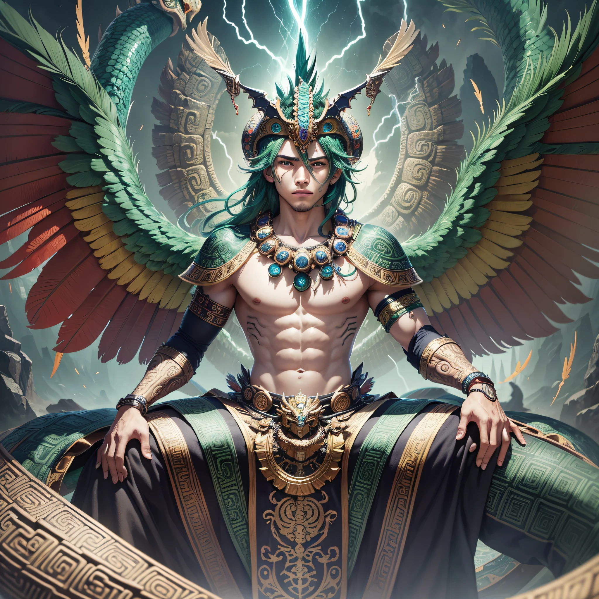 Masterpiece, best quality, {best quality}, {{masterpiece}}, {highres}, anime, 1boy, man, adult, Quetzalcoatl, Kukulkan, Serpent God, dragon, serpent, flying feathers, plumage, Aztec, thunder, thunder --auto --s2