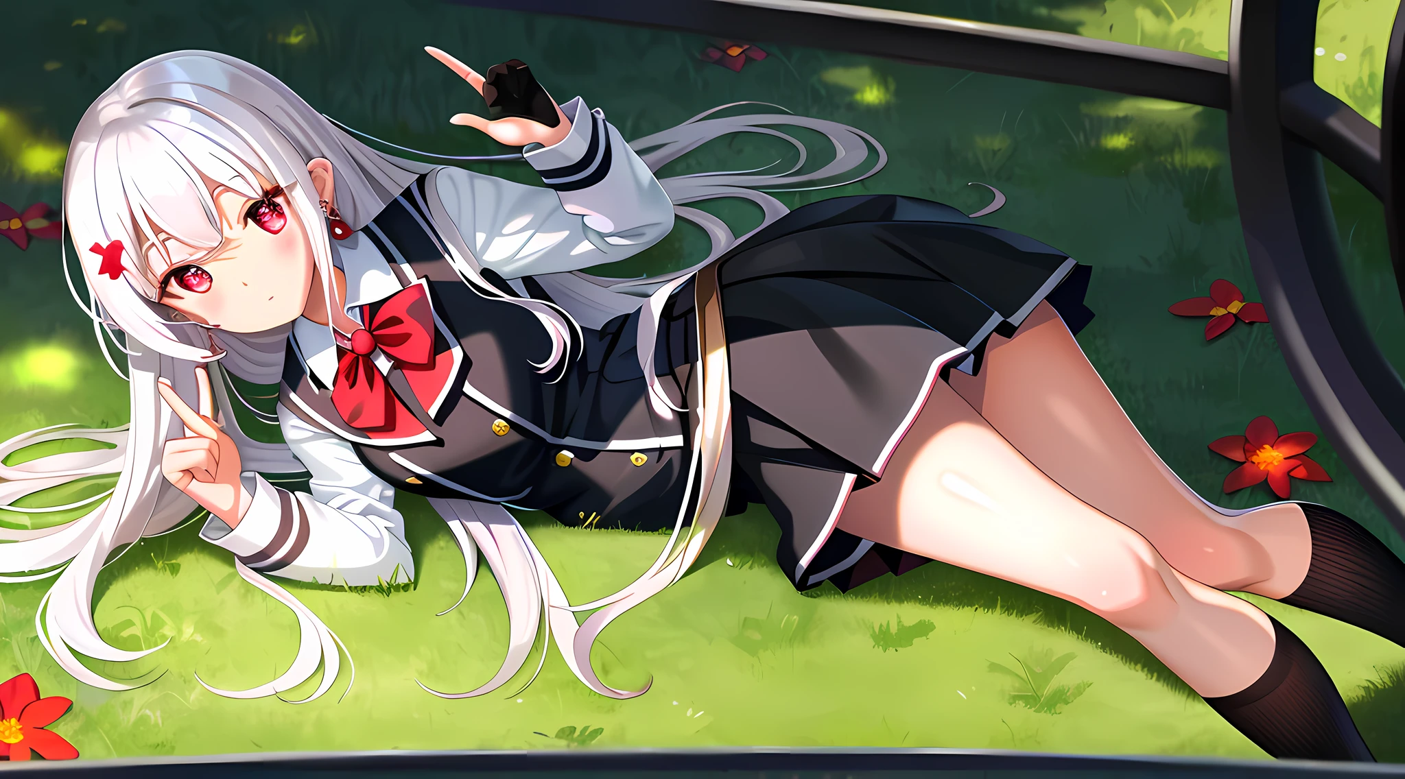 (masterpiece, reflections, atmospheric lighting, dynamic lighting), best quality, 1girl, white hair, luscious long hair, slight curls, deep ruby red eyes, glowing red eyes, delicate fingers, delicate legs, blushing, standing up, red gem dangling earrings, summer school uniform, preppy school uniform, black school jacket, white school shirt, black checkered school skirt, black knee high socks, brown school shoes, summer, sun rays, lying down, grass field with flowers