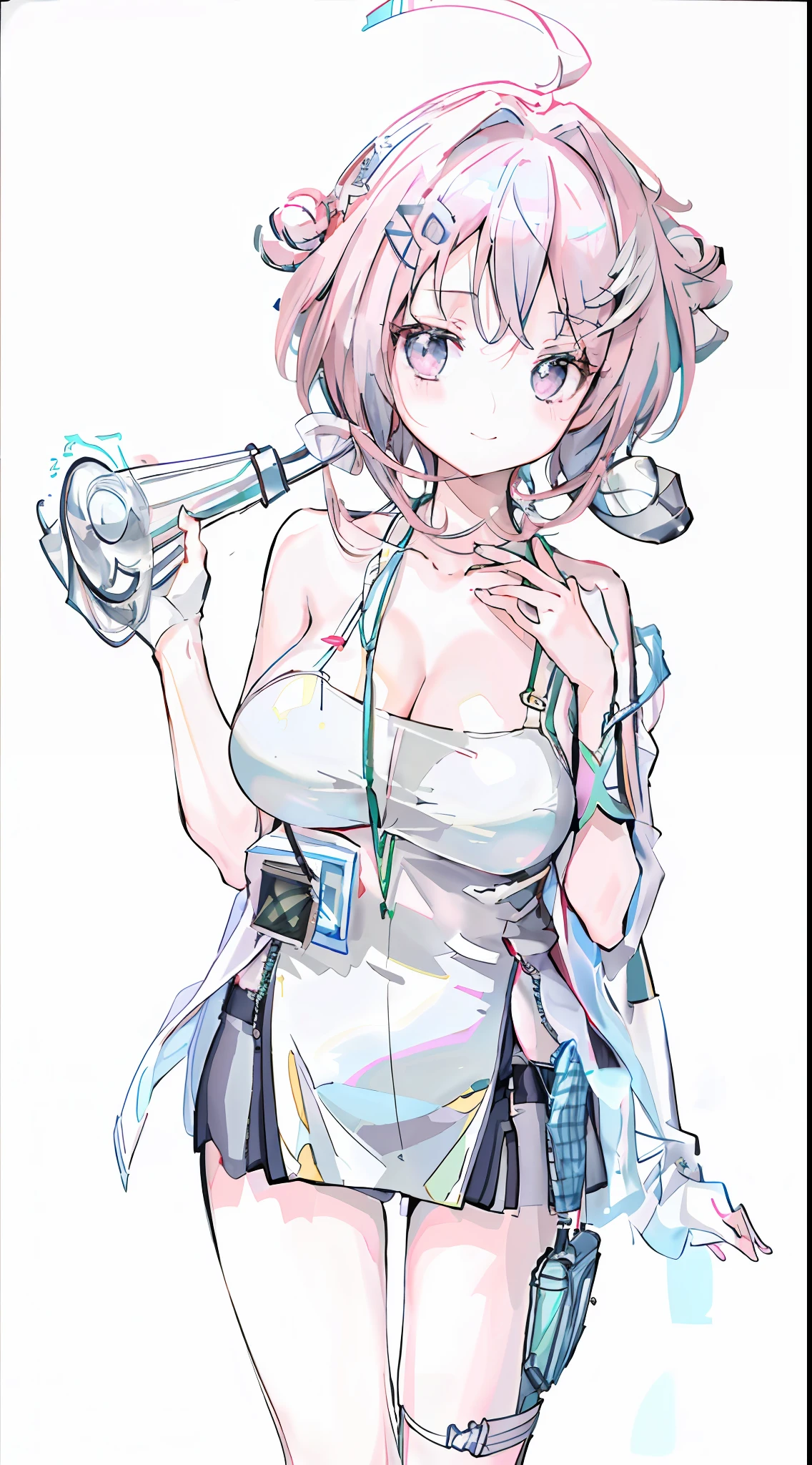 ((masterpiece, best)),(1girl),((mature woman)), light pink hair, halo, trumpet, ((office lady)), bangs, mid-chest, (full), slim, smiling, [wide hips ], office, standing, aru \(blue file\),