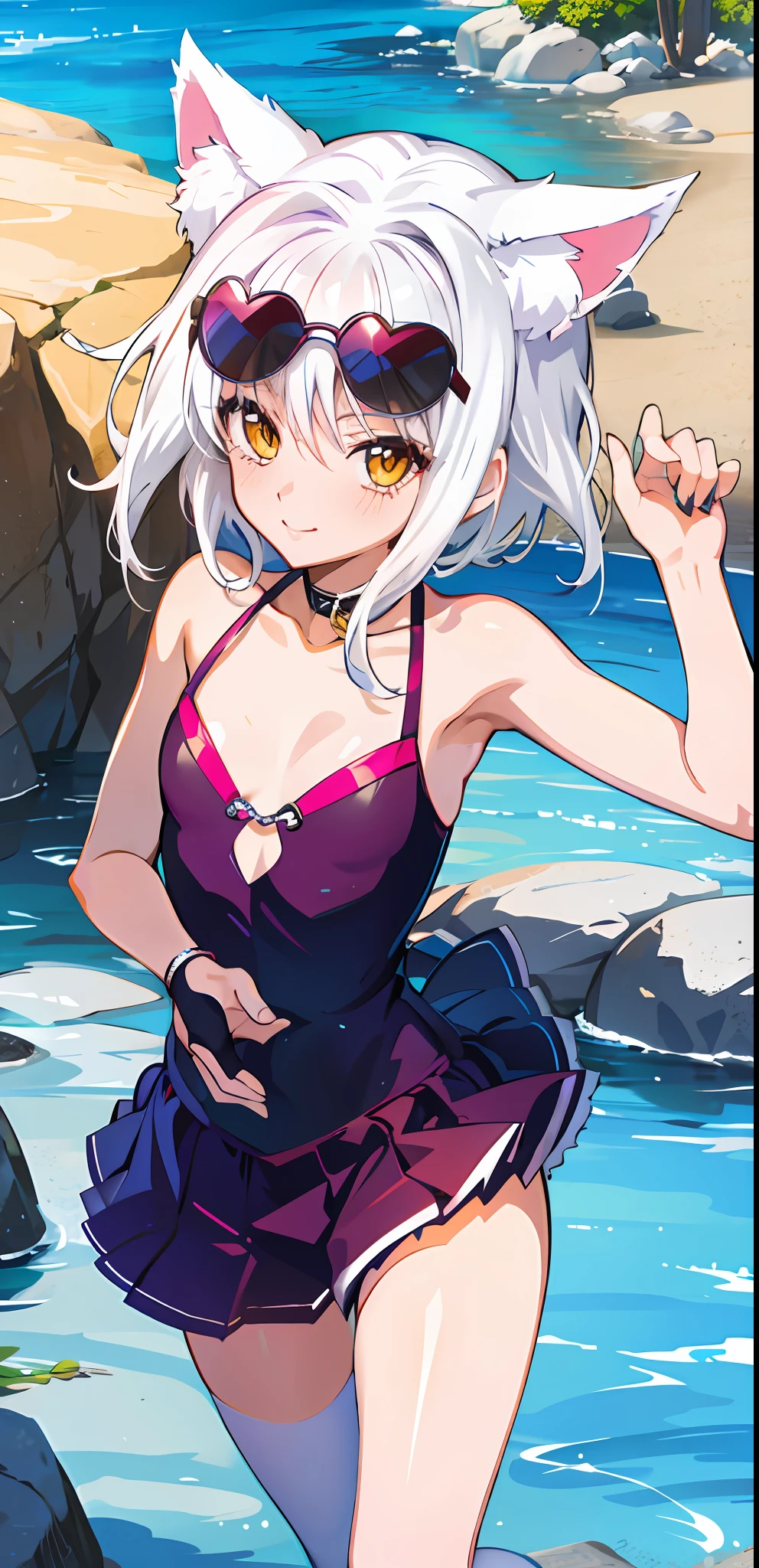 Koneko Toujou (DXD), 1girl, swimsuit, beach, sunglasses, smile, cat ears, white hair, short hair,