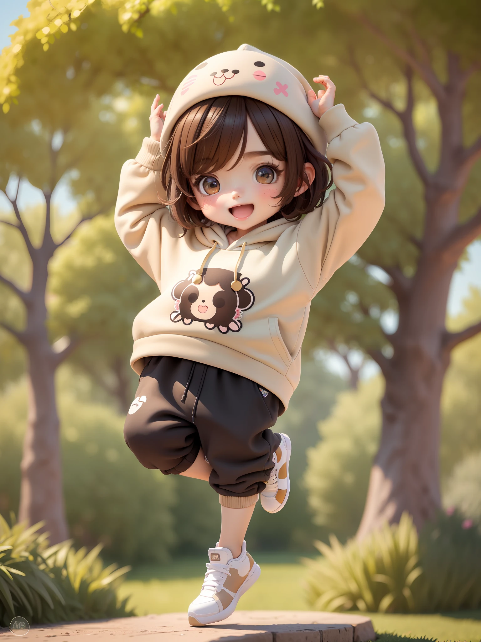 (masterpiece),(best quality),(ultra-detailed), (full body:1.2), a boy, chibi, cute, smile, open mouth, outdoors, dancing, dancing hip hop, jumping pose, hoodie, blush, tree, :3, shirt, short hair, brown hair, blush stripes stickers, long sleeves, black hair, sneakers, pants, (beautiful detailed face), (beautiful detailed eyes),