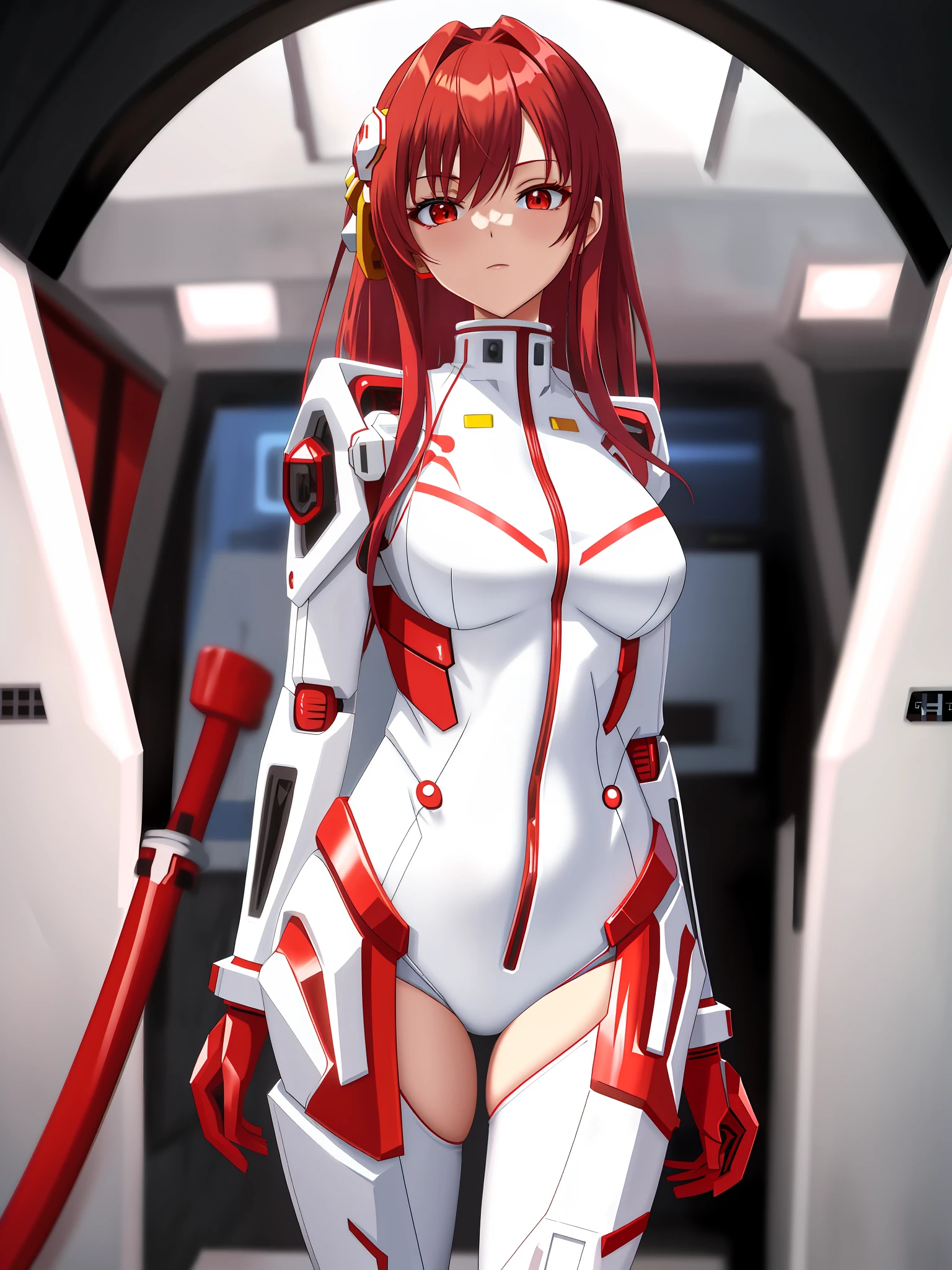 anime - style woman in white and red outfit standing in doorway, full body zenkai! asuka suit, asuka suit under clothes!, biomechanical oppai, portrait anime space cadet girl, asuka, white and red armor, cyber suit, mecha suit, cybersuits, android heroine, anime girl of the future, girl in mecha cyber armor