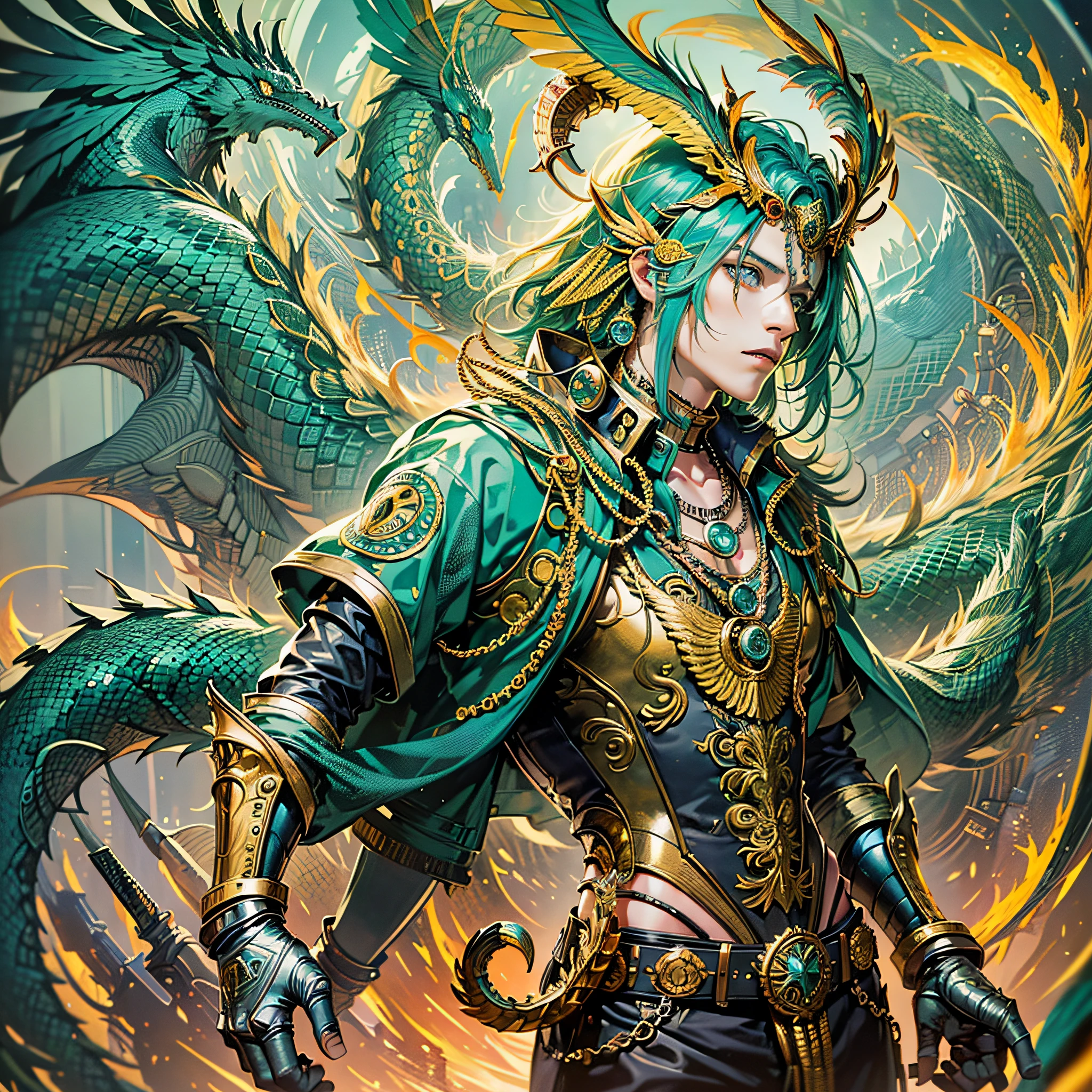Masterpiece, best quality, {best quality}, {{masterpiece}}, {highres}, anime, 1boy, adult man, attractive, exotic, Quetzalcoatl, Kukulkan, Serpent God, dragon, serpent, flying feathers, plumage, Aztec, gold, gold, thunder, thunder --auto --s2