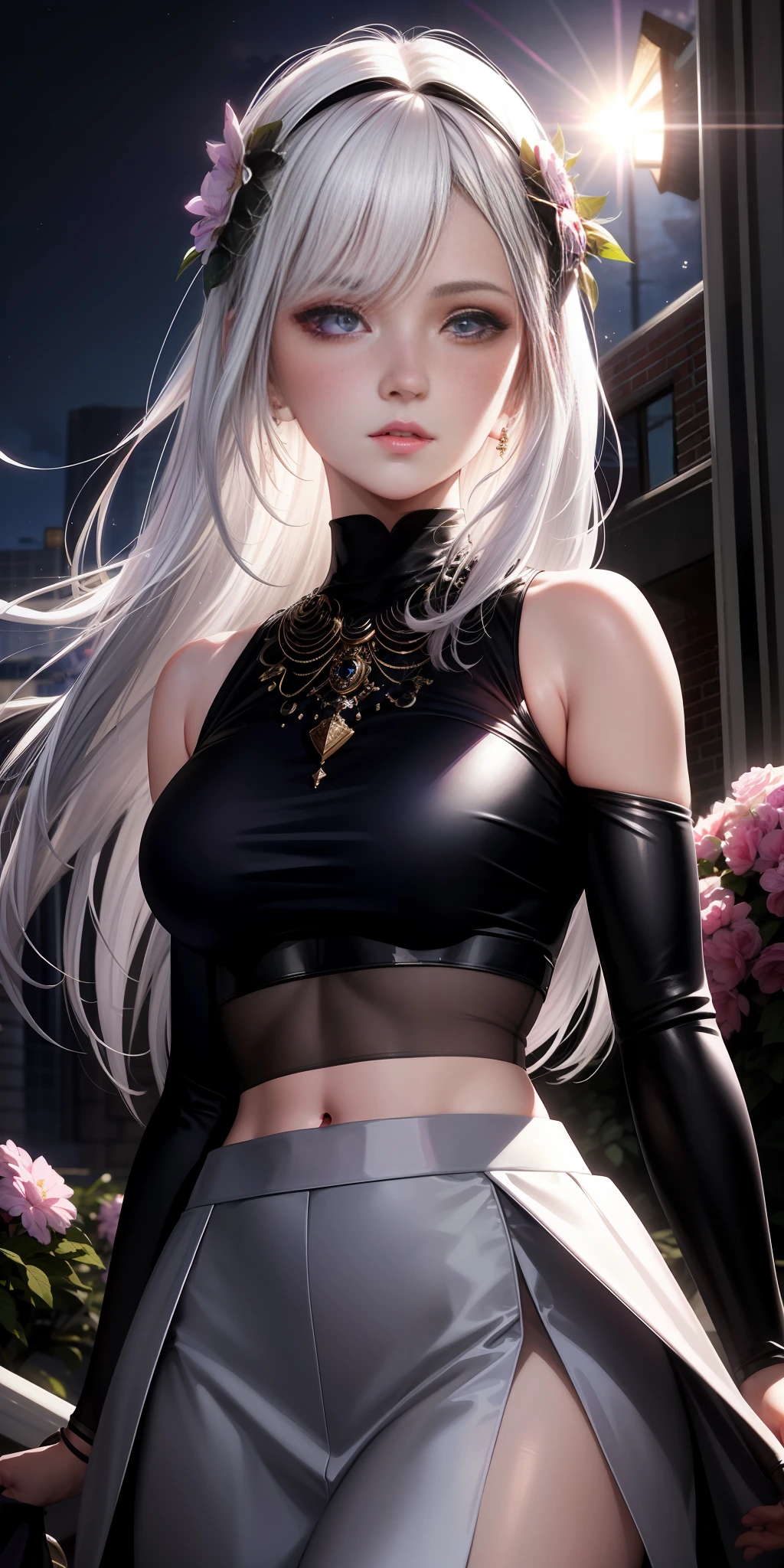 realistic, 1girl, white hair, purple eyes, glowing eyes, crop top, skirt, parted lips, blush, night, flowers, sun, sunlight,