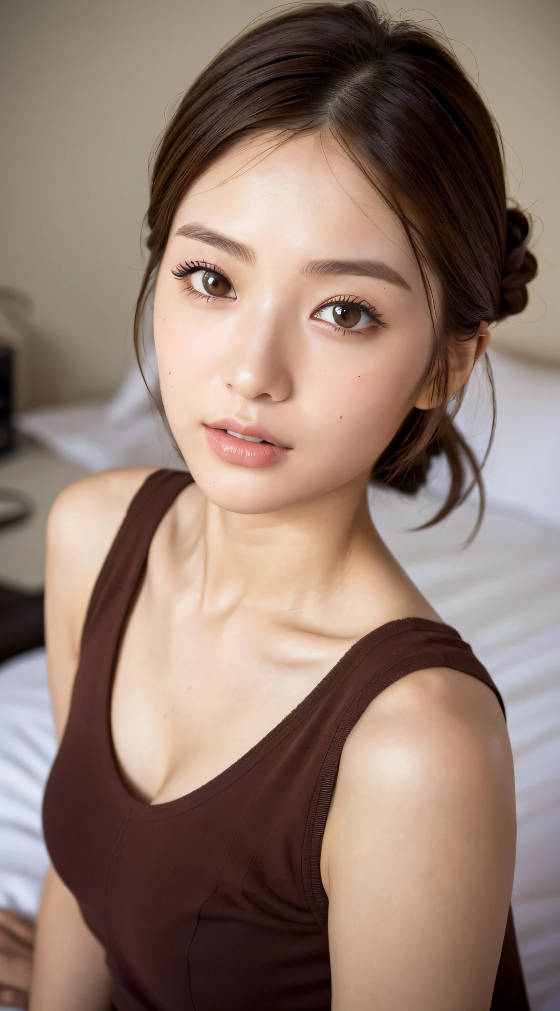 RAW photos, sitting in bed, top quality, realistic, realistic, very detailed, very delicate and beautiful, professional lighting, face lighting, depth of field, single focal, full body, 20 year old woman, brown hair, brown eyes, small head, (((big)), fashion girl, beautiful eyes, real face, real skin, real face, realistic skin, detailed eyes, yoga, (fashionable hairstyle: 1.3 Dynamic poses, viewers, detailed face and chest look, announcers