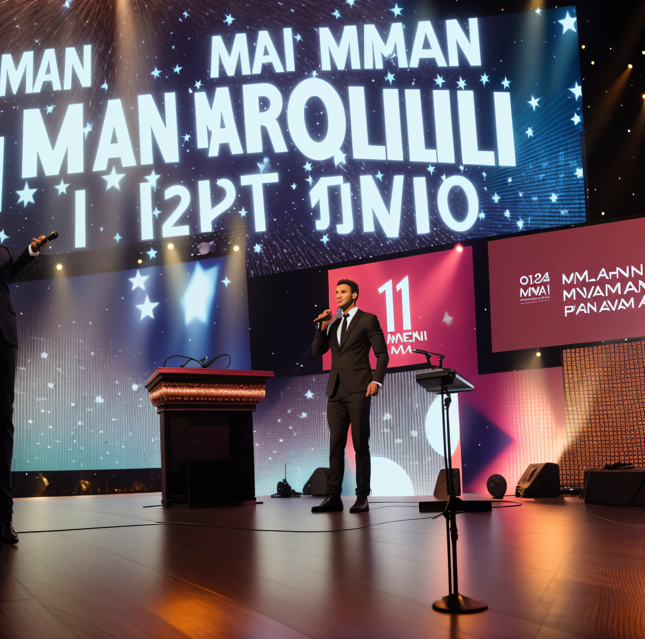 there is 1 man standing on a stage with a microphone, a man, marvano, man?, man, by Maksymilian Gierymski, big man, awarding winner, yan morala, handsome man, man, men, by Milton Menasco, by Roman Bezpalkiv, by Antonio Rotta, miami, by Maximilian Cercha