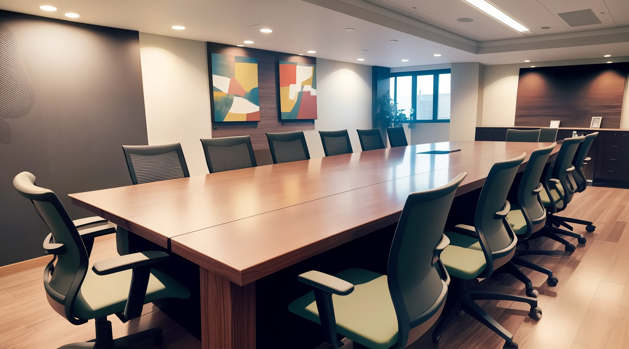 there is a large conference table with chairs and a painting on the wall, full room view, center focus on table, meeting room, with backdrop of natural light, vivid and balanced, professional unique masterpiece, in a meeting room, medium portrait, long table, “wide shot, big desk, ready for a meeting, by Daniel Schultz, visually pleasing, large portrait