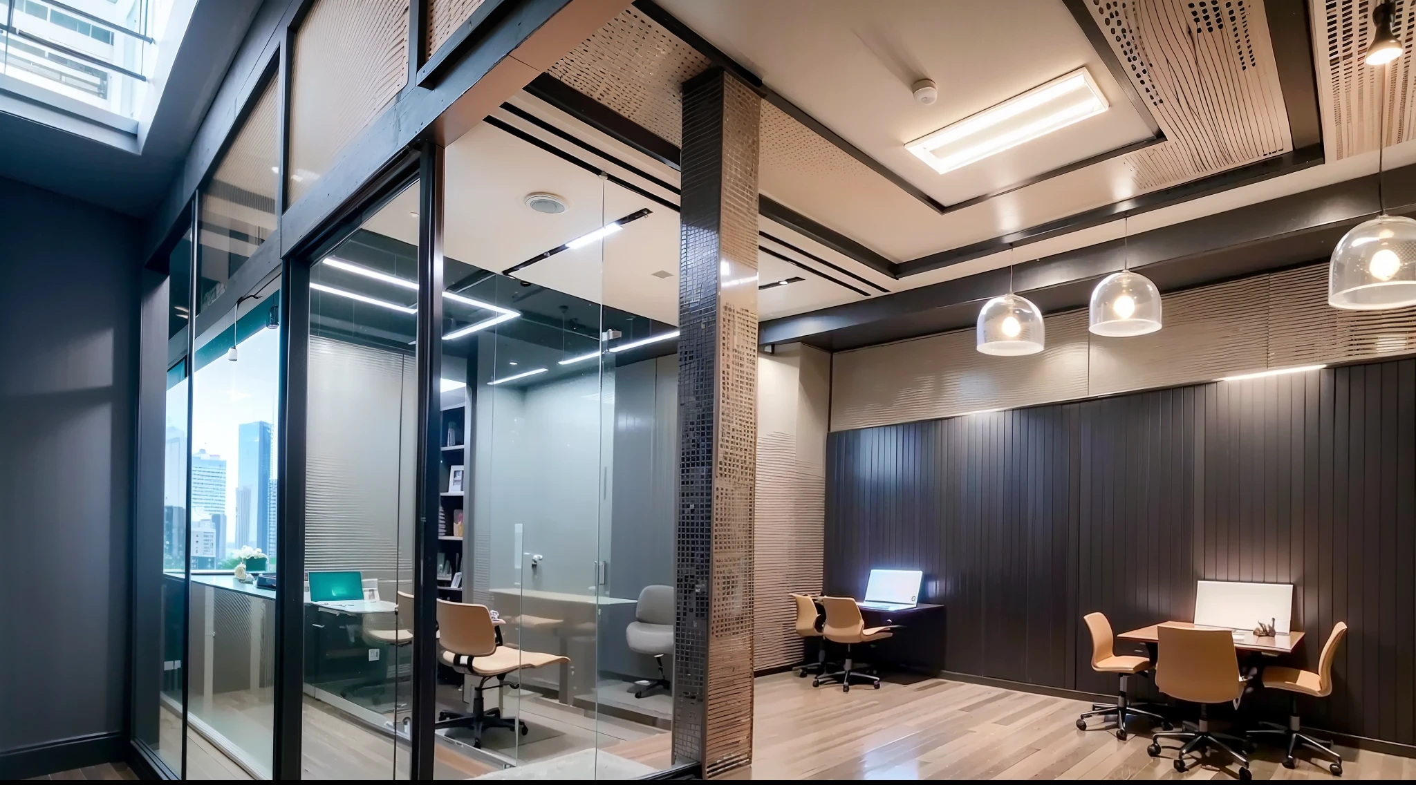 ((((masterpiece)))), high quality, Hyper-realistic, very_high_resolution, large_filesize, hyperrealism, high detailed, detailed textures, photorealistic 3D render, Unreal Engine 8k, cinematic lighting, hot-decking for 30 people, stunning office environment designed by Frank Lloyd Wright, ergonomic design, functional space design, a cozy atmosphere that encourages focus and productivity, The color palette is a mix of neutral tones, with pops of vibrant colors wallpaper on the walls, canon eos r 6, art station, glass partitions with doors, high detailed lights, wall shelf, wall-mounted storage, ergonomic chair, share desking, high-tech office interior with multiple computer screens, high-end internet café