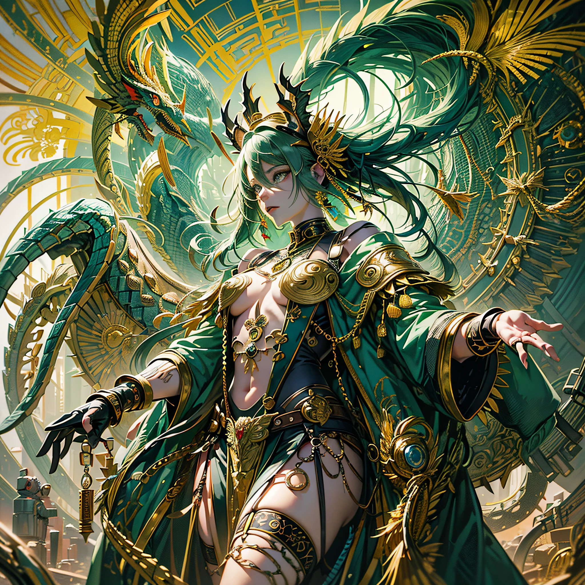 Masterpiece, best quality, {best quality}, {{masterpiece}}, {highres}, anime, 1boy, adult woman, attractive, exotic, Quetzalcoatl, Kukulkan, Snake God, dragon, serpent, flying feathers, plumage, Aztec, gold, gold, thunder, thunder --auto --s2