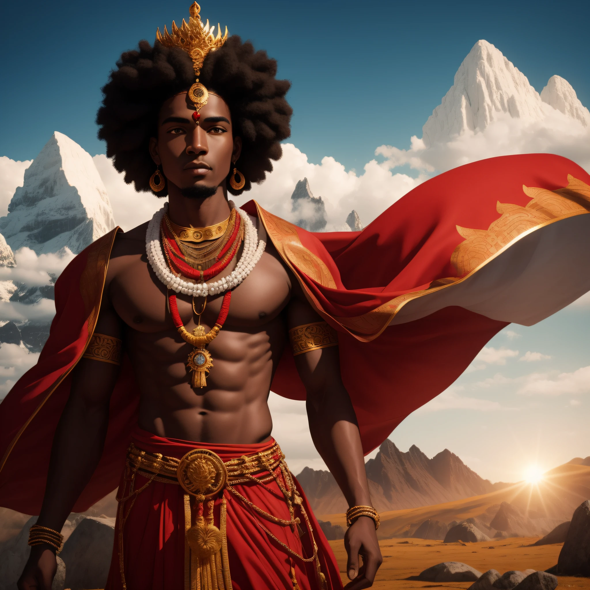 /imagine perfect image of Xangô, as described in the ita. Portray him as a majestic man with flawless black skin, with afro hair and a simple crown with delicate red stones. He is dressed in red and white clothes, adorned with symbols of justice and balance. His expression is serious, conveying his wisdom and authority. Beside you, place a stone axe, a symbol of your power. In the scenery, include mountains of nature, symbolizing your connection with the forces of nature 8k, uhd, severe low lighting, high quality, sharp focus, fujifilm XT3