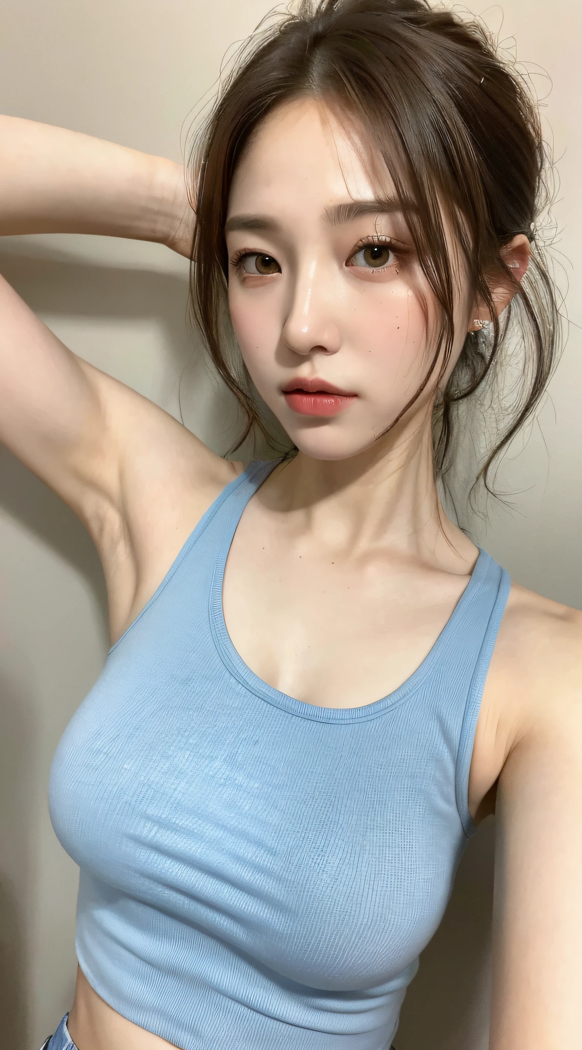 ((Best quality, 8k, Masterpiece :1.3)), 1girl, Pretty woman with emphasizing slender abs :1.3, (random hairstyles :1.2), Oversized tank top :1.2, Ultra-detailed face, Detailed eyes, Double eyelid, armpit