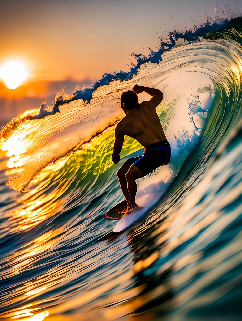 A dynamic image of a surfer enjoying a stunning, tropical sunrise as they leave the water. The surfer, dressed in colorful, high-impact clothing, holds a beautiful whiteboard as they focus on their golden-brown waves. The sun's rays illuminate the water's surface, adding a shimmer to the scene. The shallow depth of field isolates the surfer from the background, emphasizing the emotion and beauty of the moment. wide aperture, long exposure, polarizing filter