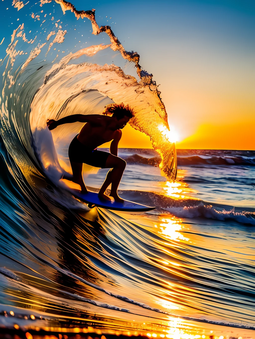 A dynamic image of a surfer enjoying a stunning, tropical sunrise as they leave the water. The surfer, dressed in colorful, high-impact clothing, holds a beautiful whiteboard as they focus on their golden-brown waves. The sun's rays illuminate the water's surface, adding a shimmer to the scene. The shallow depth of field isolates the surfer from the background, emphasizing the emotion and beauty of the moment. wide aperture, long exposure, polarizing filter