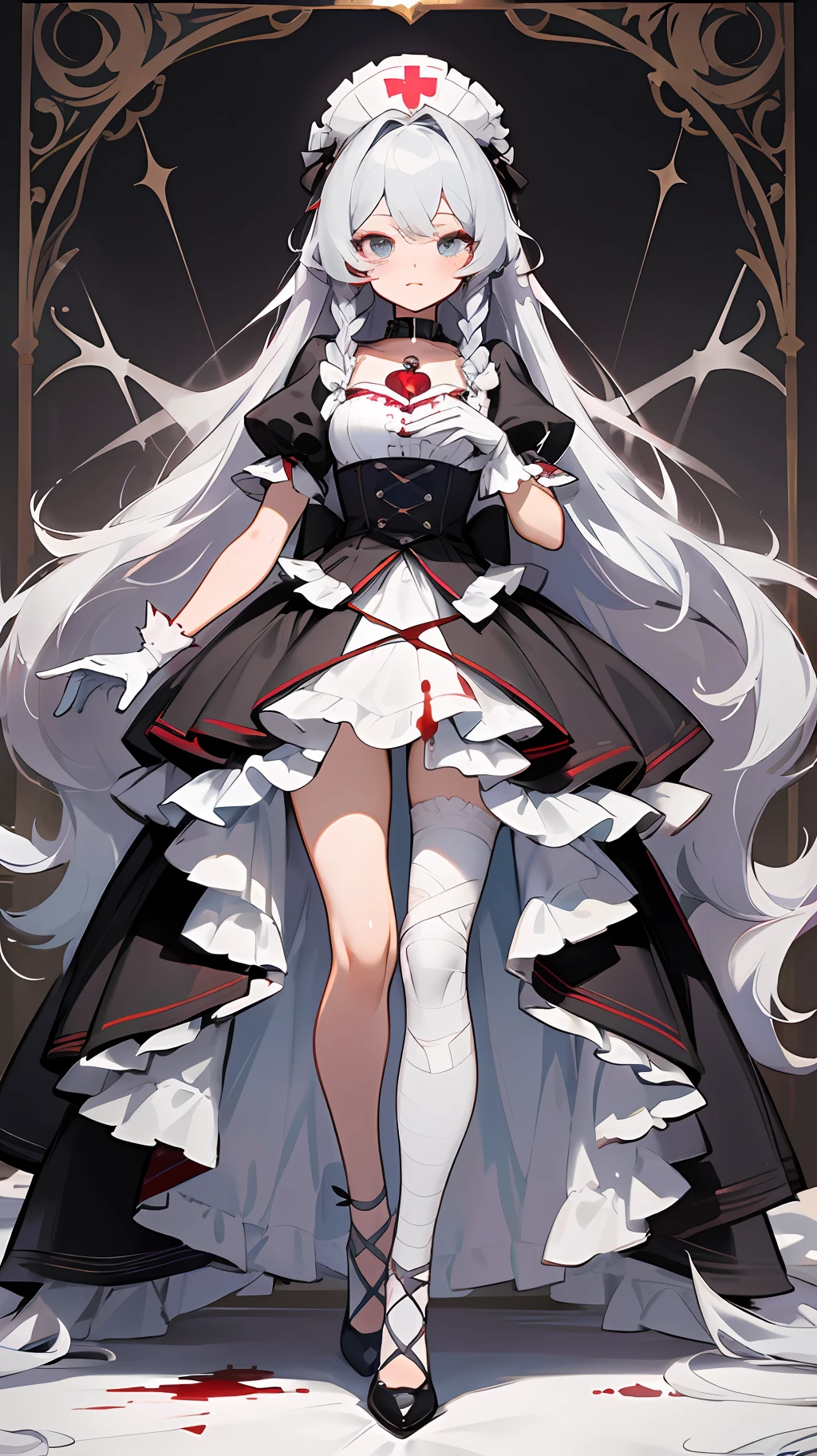 (costume design), character design, full body, standing painting, three-view, blood, lots of dark red love heart decoration, love heart-shaped gemstone edge set with pearls, white collarless dress skirt, unique design collar, layered skirt, asymmetrical design, burnt at the end of the skirt, skirt tail cutout, red Mary Jane shoes, gray and white openwork suspender stockings, nurse's clothing style headdress, short skirt, culottes, frills, ruffles, maximalism, exquisite and complex design, white gloves, gothic, wedding dress, blood, bandages, long gray hair, The sideburns are two fine braids, princess cut, extreme details, delicate depiction, delicate depiction, delicate hands, cool colors of the eyes