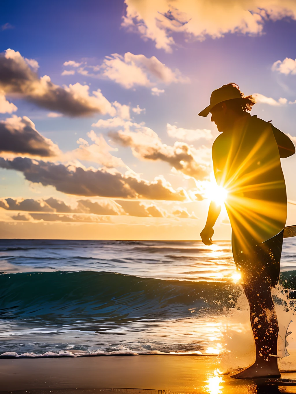 A dynamic image of a surfer enjoying a stunning, tropical sunrise as they leave the water. The surfer, dressed in colorful, high-impact clothing, holds a beautiful whiteboard as they focus on their golden-brown waves. The sun's rays illuminate the water's surface, adding a shimmer to the scene. The shallow depth of field isolates the surfer from the background, emphasizing the emotion and beauty of the moment. wide aperture, long exposure, polarizing filter