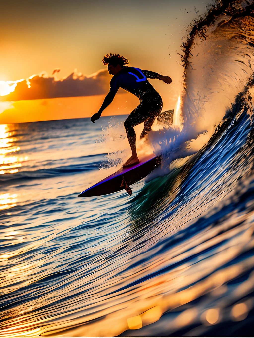 A dynamic image of a surfer enjoying a stunning, tropical sunrise as they leave the water. The surfer, dressed in colorful, high-impact clothing, holds a beautiful whiteboard as they focus on their golden-brown waves. The sun's rays illuminate the water's surface, adding a shimmer to the scene. The shallow depth of field isolates the surfer from the background, emphasizing the emotion and beauty of the moment. wide aperture, long exposure, polarizing filter
