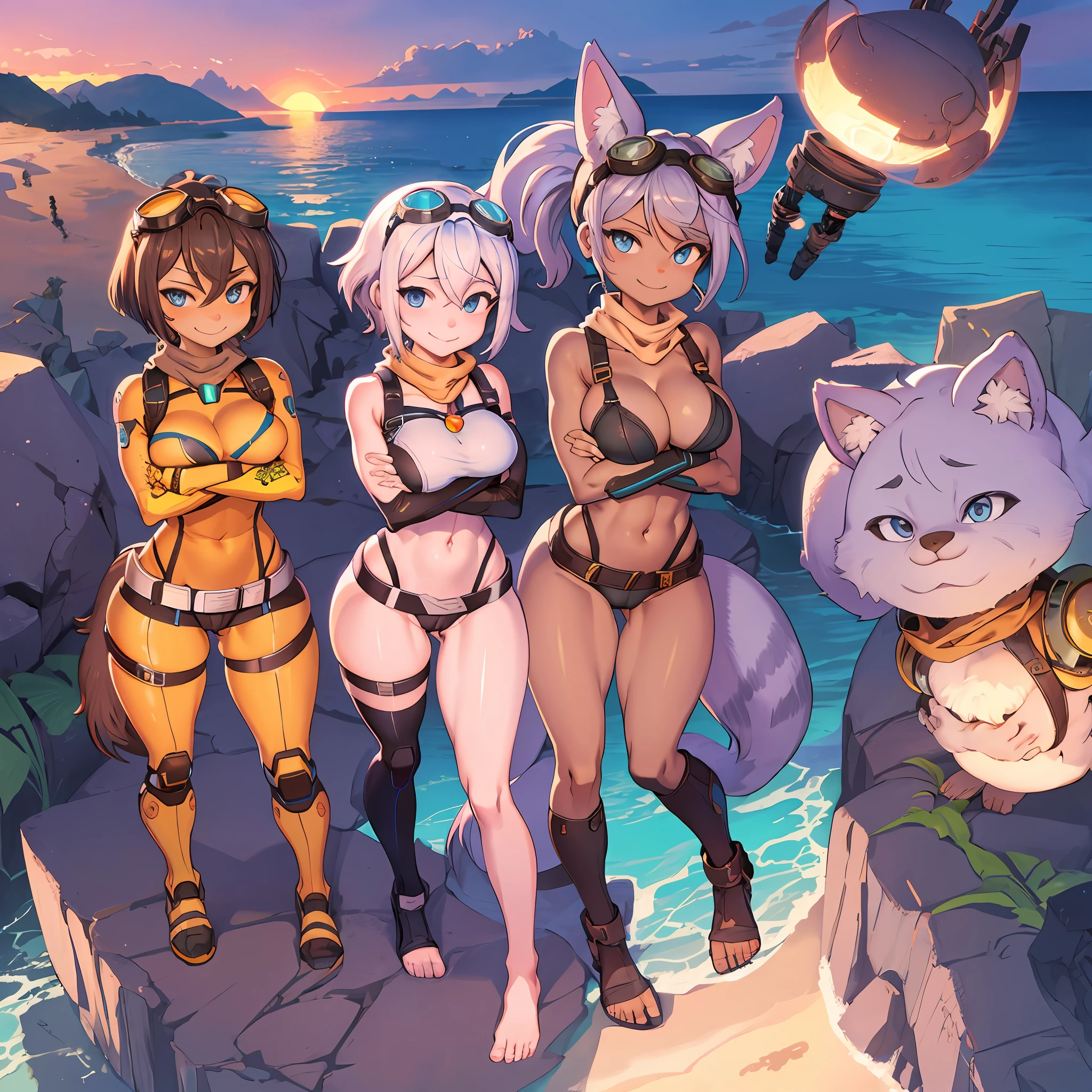 furry, rivetlombax, blue eyes, animal ears, earrings, goggles on head, bangs, mechanical arms, scarf, half short shirt, belt, tail, beach, sunrise, smile, not human, ass big, cartoon style, cute, (breast:1.7) full body picture, thick thighs, (perfect body: 1,5), (camel toe: 1.7), barefoot, crossed arms