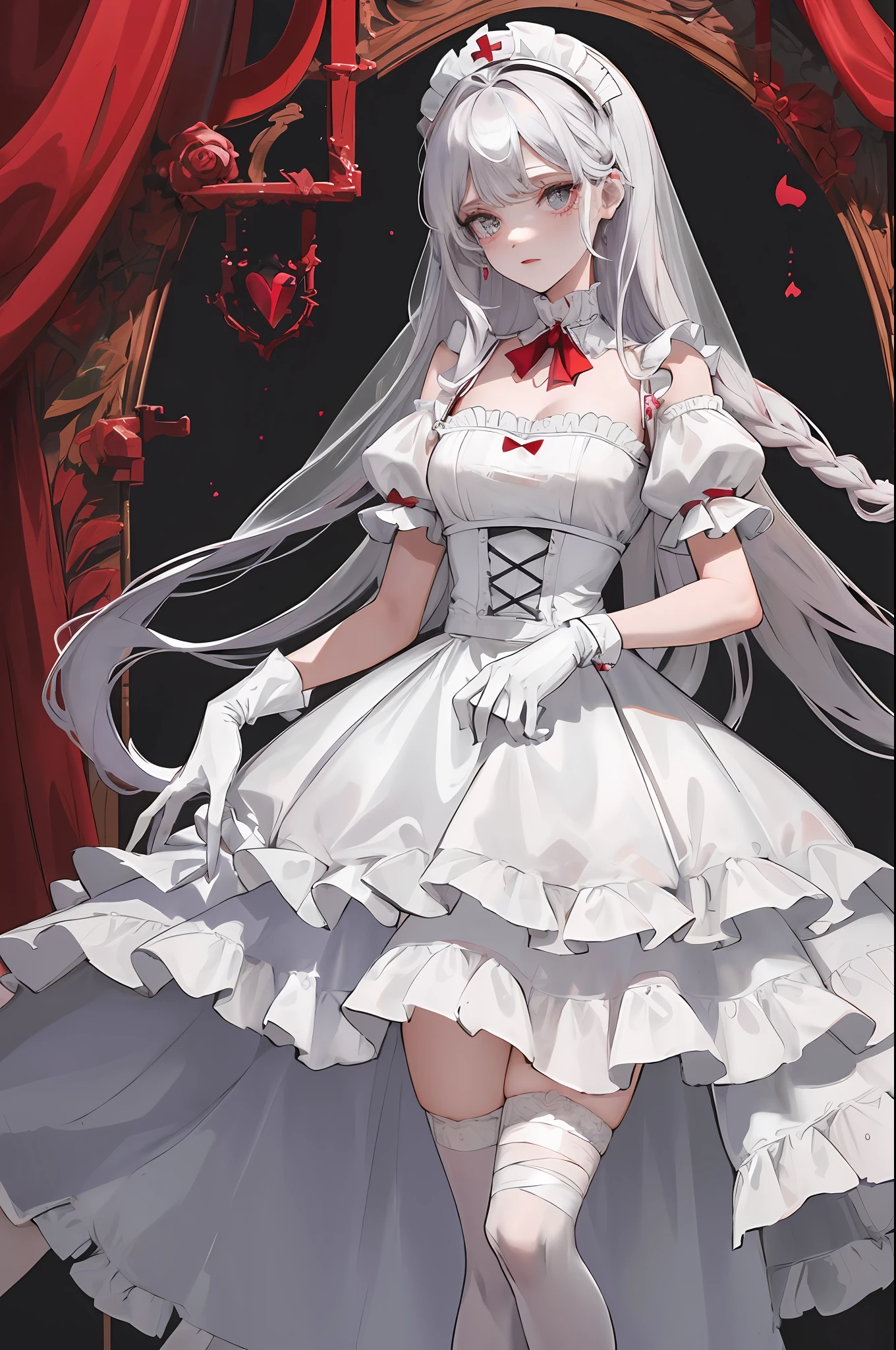 Blood, lots of dark red love heart decoration, love heart-shaped gemstone edge set with pearls, white collarless dress skirt, unique design collar, layered skirt, asymmetrical design, burnt at the end of the skirt, skirt tail cutout, red Mary Jane shoes, off-white openwork suspender stockings, nurse's dress style headdress, short skirt, culottes, frills, ruffles, extreme multiplication, exquisite and complex design, white gloves, gothic, wedding dress, blood, bandages, long gray hair, sideburns are two fine braids, princess cut, extreme details, delicate depiction, Depicting delicate hands , cold colors of the eyes,