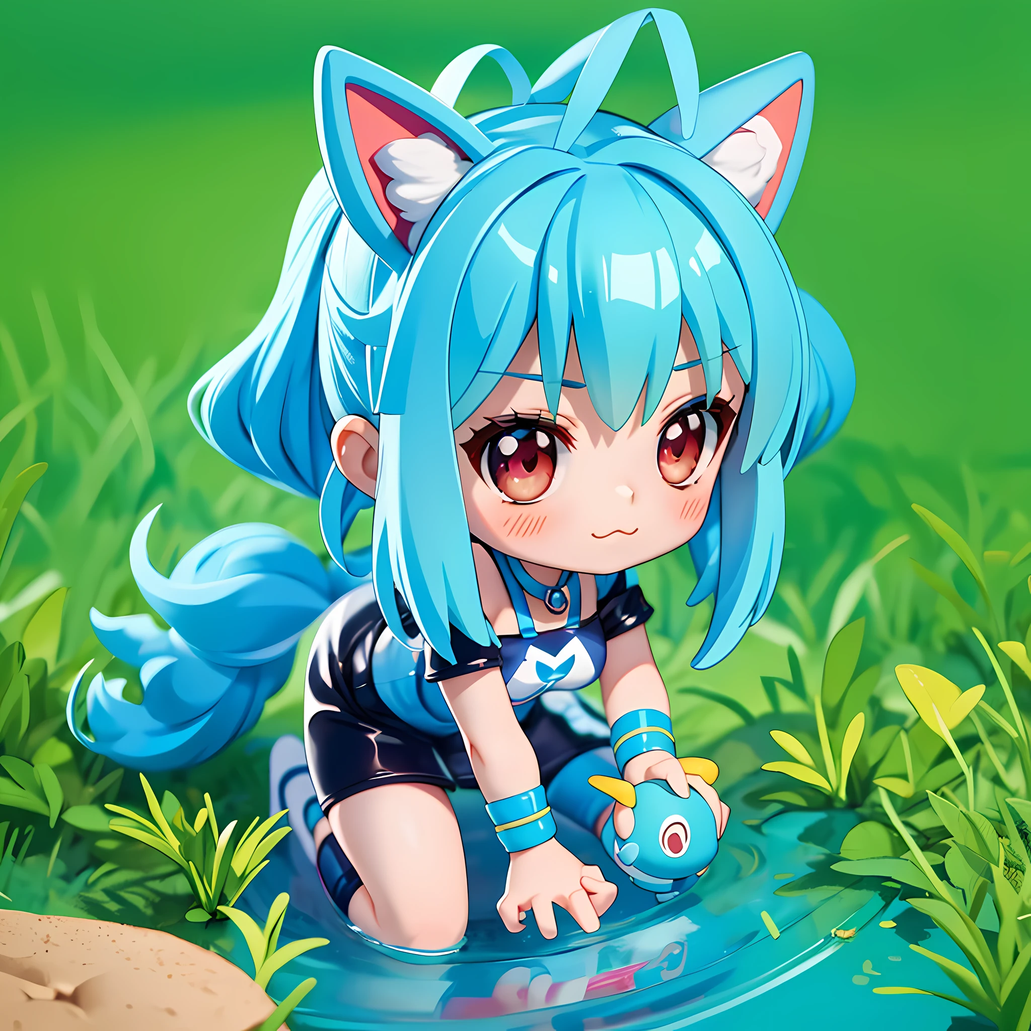 (popmart blindbox, clay texture, chibi, fullbody),official art,1girl,pokemon_card,(best quality), (high_quality), (intricate_details), (ultra-detailed), (illustration), (distinct_image),saito_naoki,Beautiful shy Girl, red Eyes, blushing, embarrassed, :3 , adorable hairstyle, long eyelashes, tan skin, biker shorts, playin in water with, blue hair, glowing teal inside hair, animal ears, fluffy mini skirt,  3d render, oc render, blender, Blind Box Style Girl , c4d,