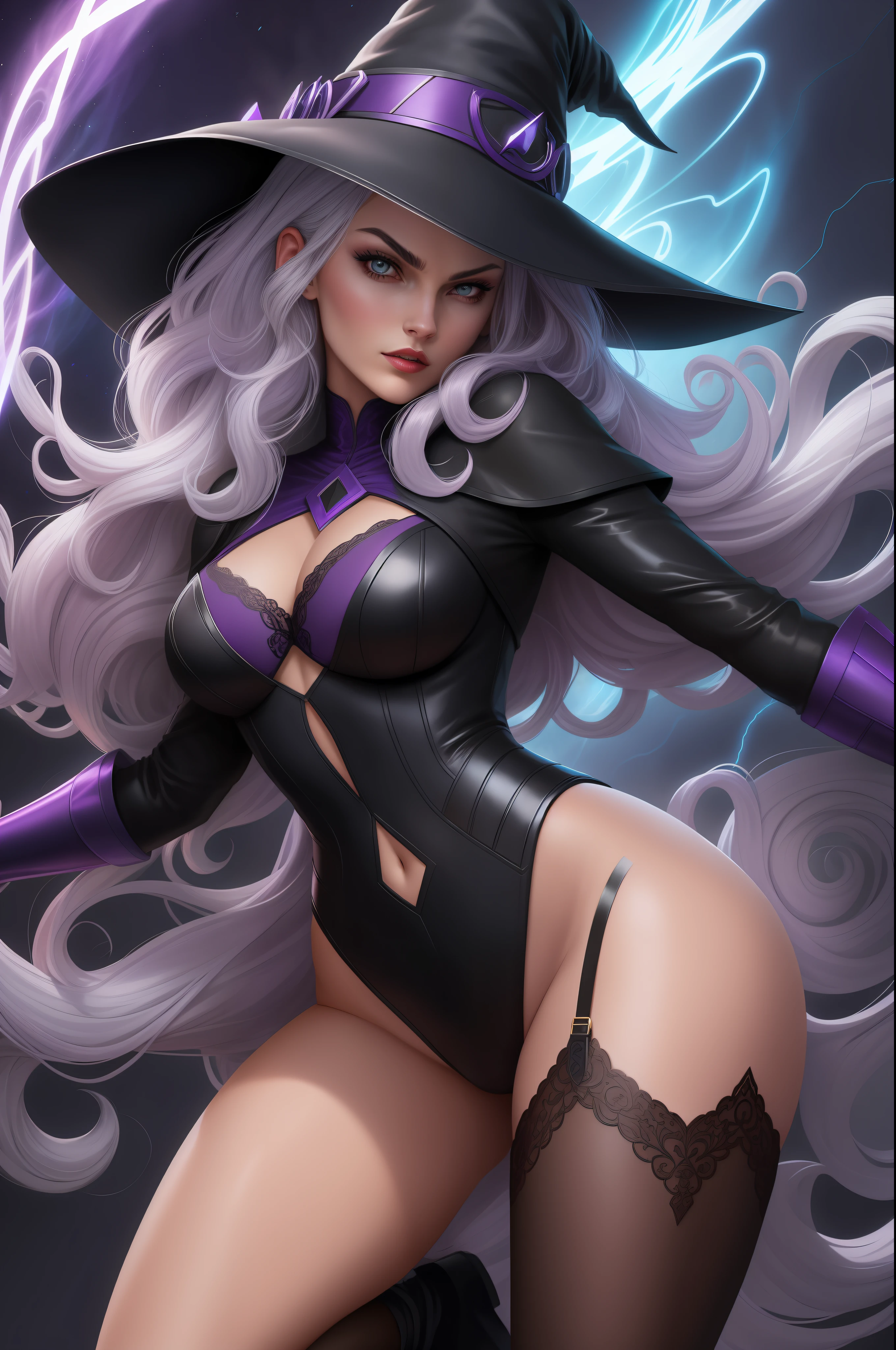 sexy (x-men animation 1992), /(rogue)/, vampira, cabelo ruivo e longo com mecha branca solo, masterpiece, best quality, perfect face, medium shot of a witch with curly silver hair under a witch hat, mystical sorceress, (surrounded by intense swirling energy:1.2), dominant and intimidating, sexy lace lingerie (black and violet), stockings, intricate and elegant, colorful, vivid