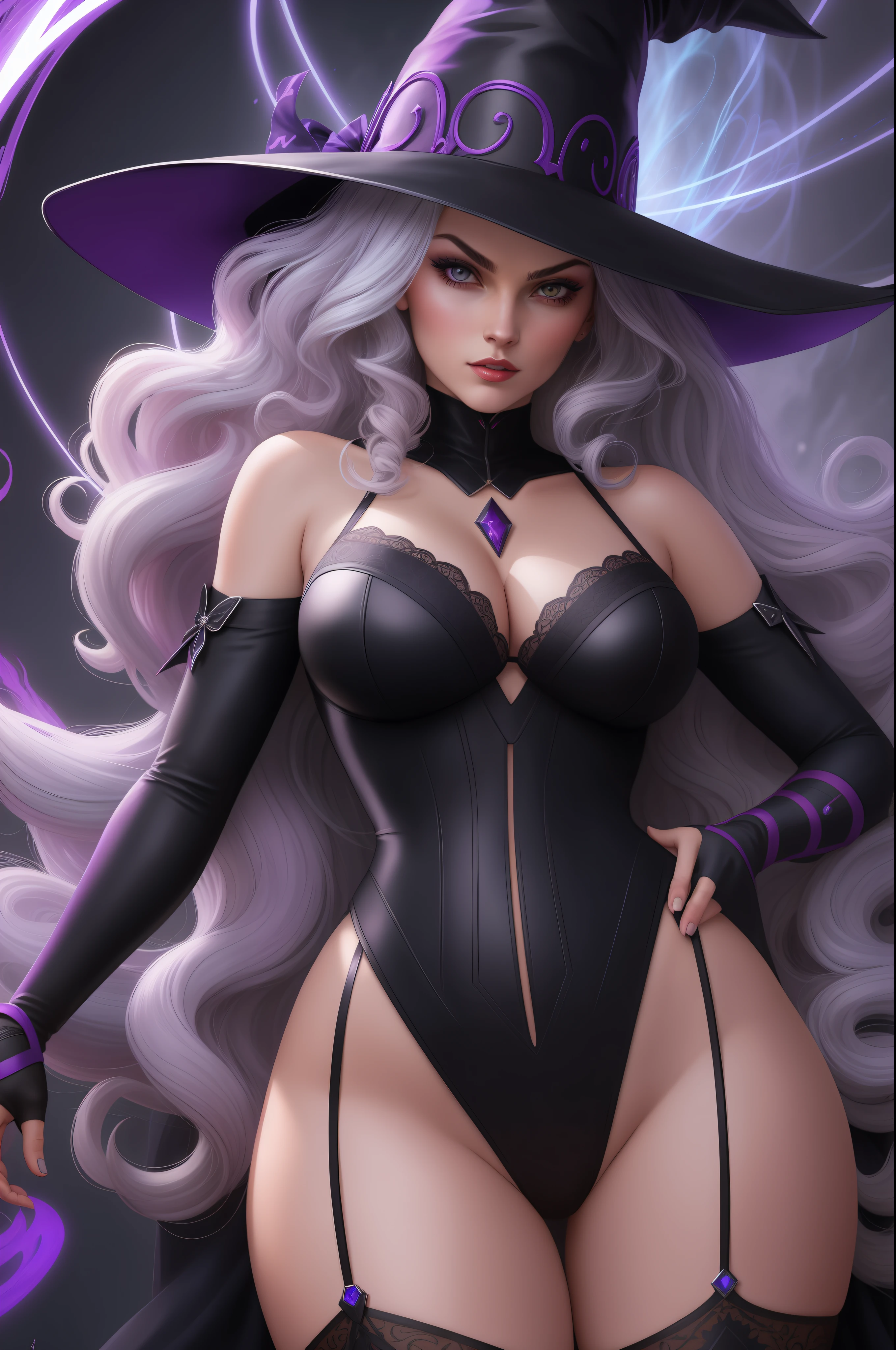 sexy (x-men animation 1992), /(rogue)/, vampira, cabelo ruivo e longo com mecha branca solo, masterpiece, best quality, perfect face, medium shot of a witch with curly silver hair under a witch hat, mystical sorceress, (surrounded by intense swirling energy:1.2), dominant and intimidating, sexy lace lingerie (black and violet), stockings, intricate and elegant, colorful, vivid