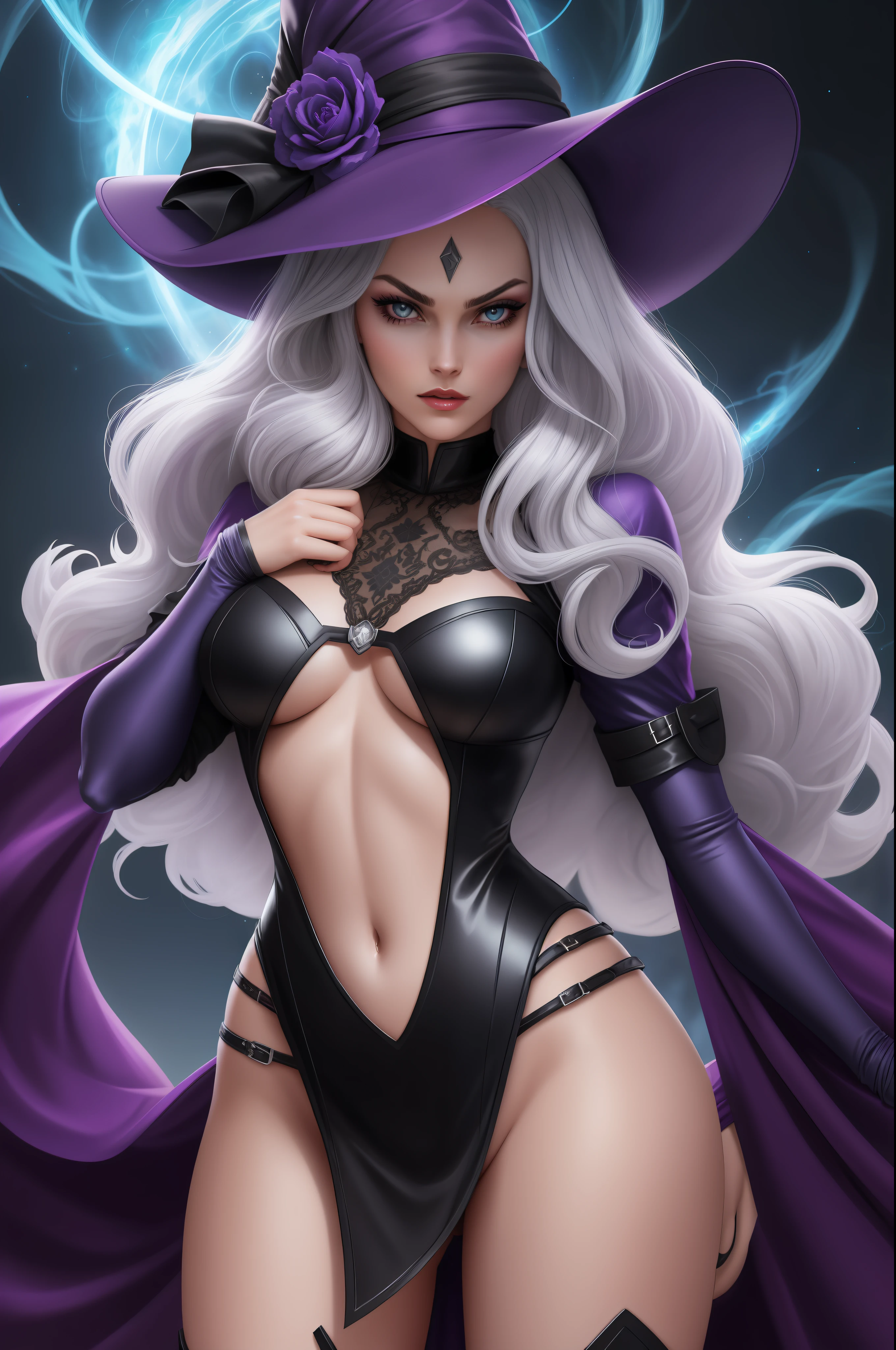 sexy (x-men animation 1992), /(rogue)/, vampira, cabelo ruivo e  longo com mecha branca solo, masterpiece, best quality, perfect face, medium shot of a witch with curly silver hair under a witch hat, mystical sorceress, (surrounded by intense swirling energy:1.2), dominant and intimidating, sexy lace lingerie (black and violet), stockings, intricate and elegant, colorful, vivid