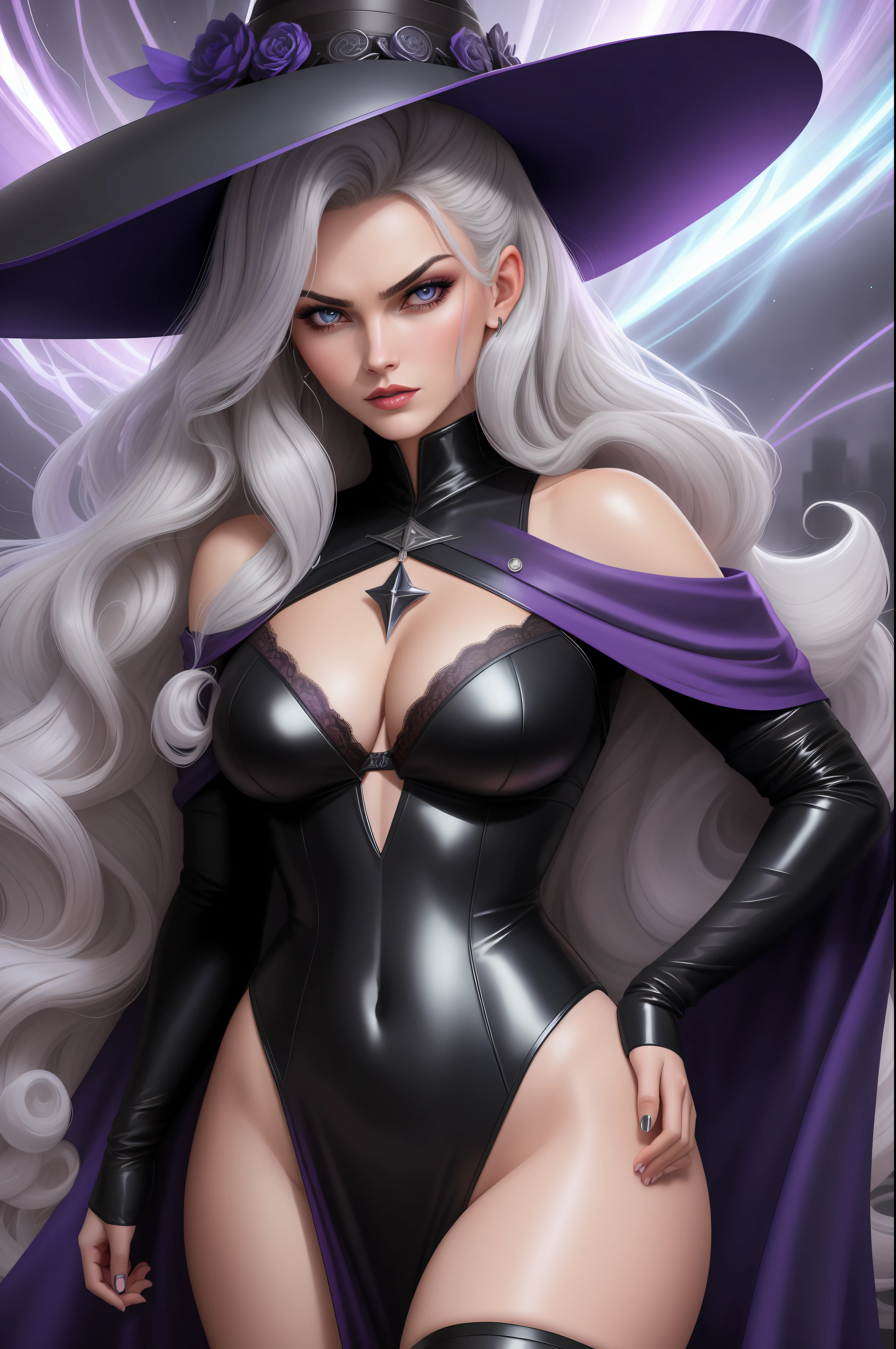 sexy (x-men animation 1992), /(rogue)/, vampira, cabelo ruivo e  longo com mecha branca solo, masterpiece, best quality, perfect face, medium shot of a witch with curly silver hair under a witch hat, mystical sorceress, (surrounded by intense swirling energy:1.2), dominant and intimidating, sexy lace lingerie (black and violet), stockings, intricate and elegant, colorful, vivid