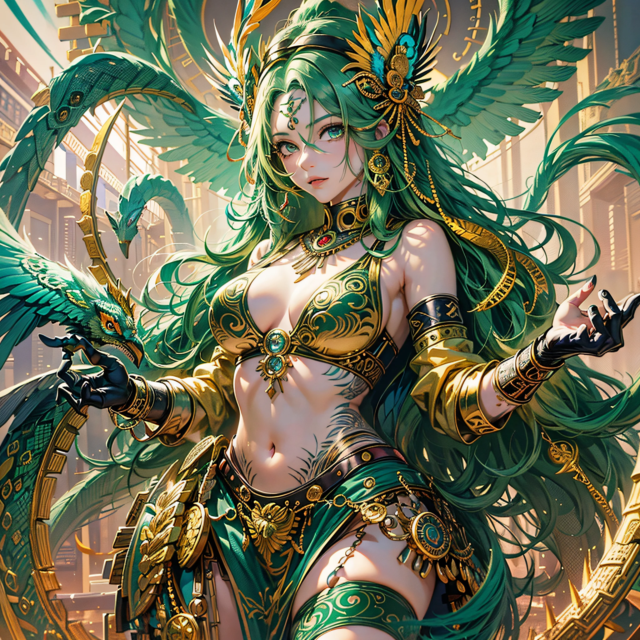 Masterpiece, best quality, {best quality}, {{masterpiece}}, {highres}, anime, 1girl, adult woman, attractive, exotic, Quetzalcoatl, Kukulkan, Serpent God, feathered serpent, flying feathers, plumage, Aztec, gold, gold, thunder, thunder --auto --s2
