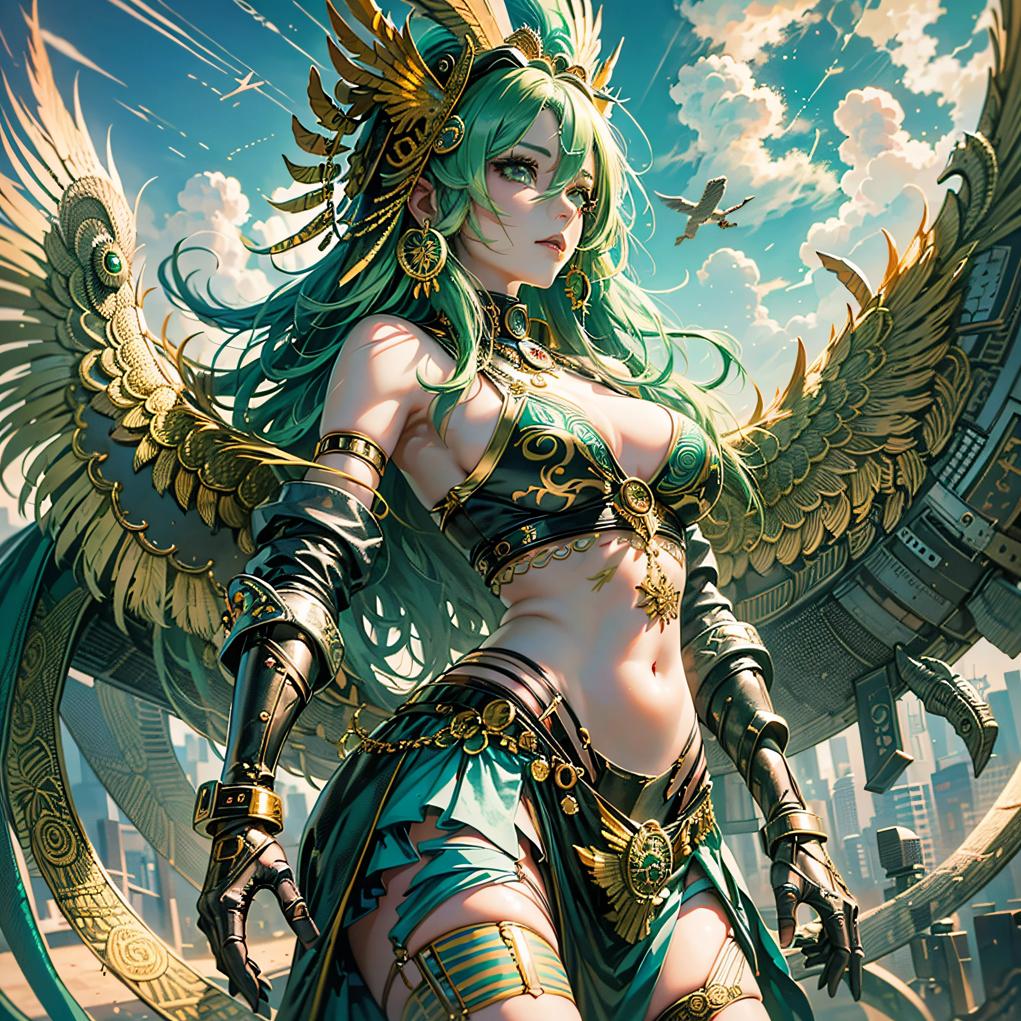 Masterpiece, best quality, {best quality}, {{masterpiece}}, {highres}, anime, 1girl, adult woman, attractive, exotic, Quetzalcoatl, Kukulkan, Serpent God, feathered serpent, flying feathers, plumage, Aztec, gold, gold, thunder, thunder --auto --s2