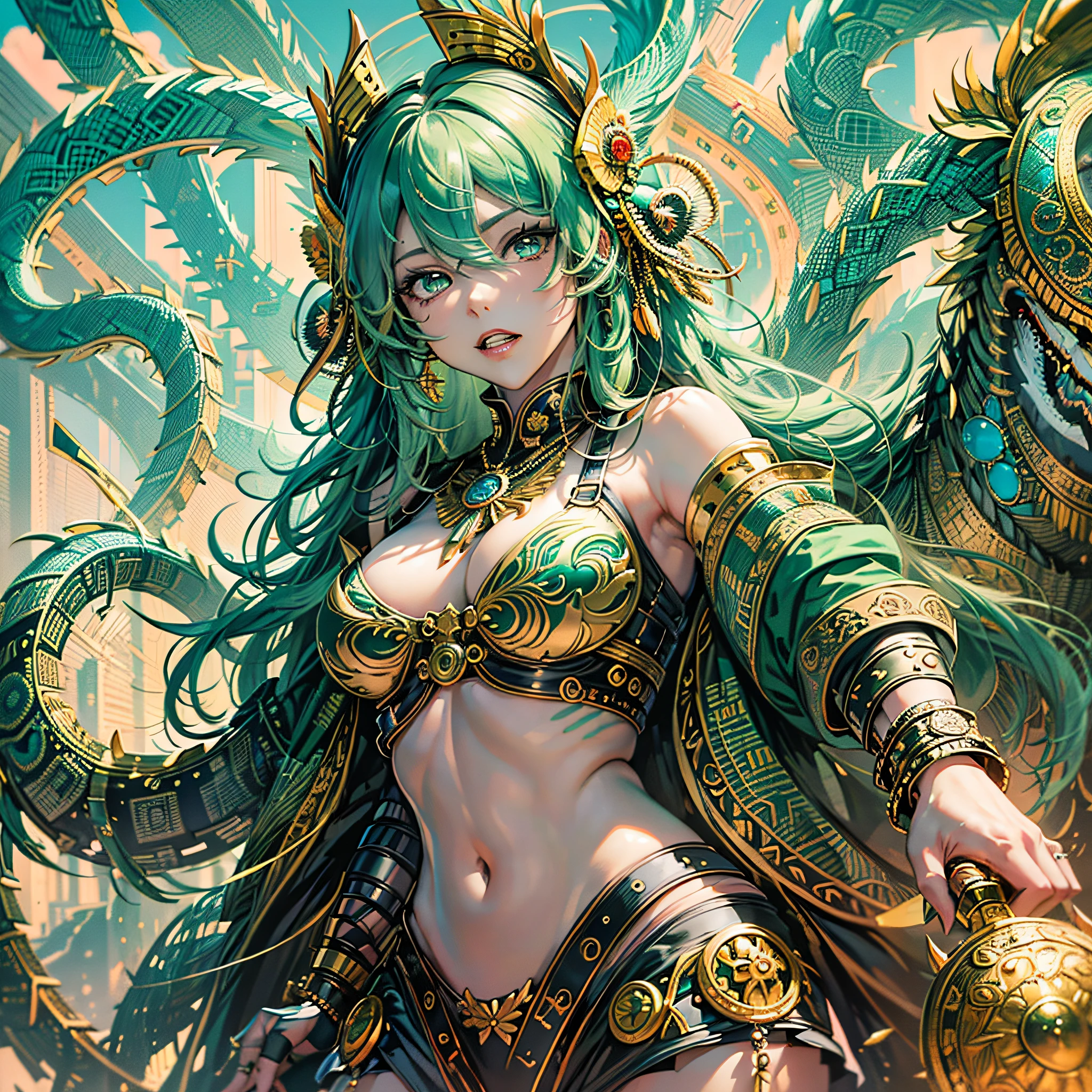 Masterpiece, best quality, {best quality}, {{masterpiece}}, {highres}, anime, 1girl, adult woman, attractive, exotic, Quetzalcoatl, Kukulkan, Serpent God, feathered serpent, flying plumes, plumage, Aztec, golden, gold, thunder, thunder, claws, sharp teeth --auto --s2