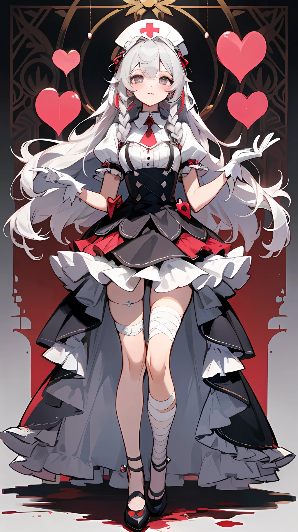 (costume design), character design, full body, standing painting, three-view, blood, lots of dark red love heart decoration, love heart-shaped gemstone edge set with pearls, white collarless dress skirt, unique design collar, layered skirt, asymmetrical design, burnt at the end of the skirt, skirt tail cutout, red Mary Jane shoes, gray and white openwork suspender stockings, nurse's clothing style headdress, short skirt, culottes, frills, ruffles, maximalism, exquisite and complex design, white gloves, gothic, wedding dress, blood, bandages, long gray hair, The sideburns are two fine braids, princess cut, extreme details, delicate depiction, delicate depiction, delicate hands, cool colors of the eyes