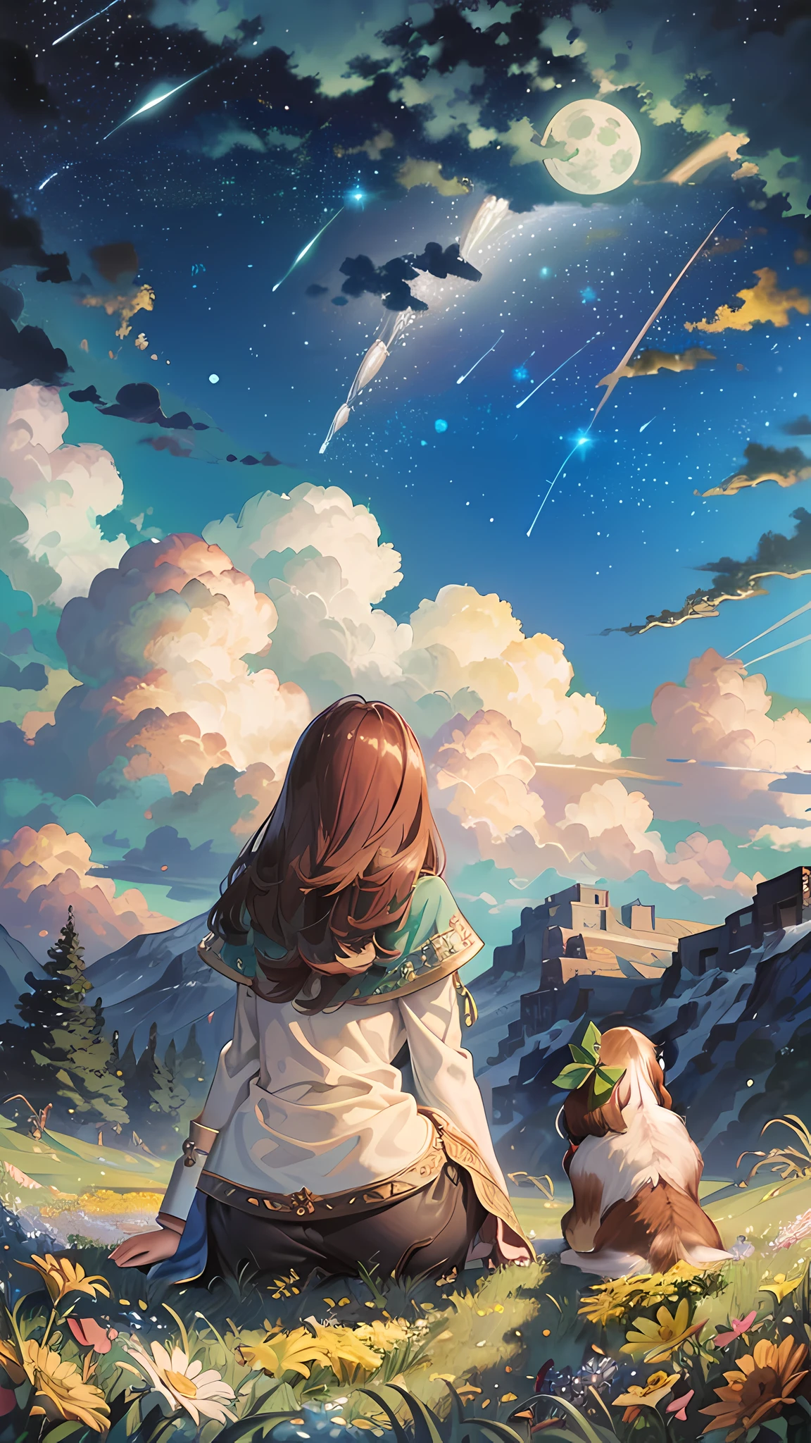 ((A painting of a woman and a dog gazing at a vast starry sky and a majestic landscape.)), (Masterpiece), BREAK , Best quality, Ultra detailed, Hyper realistic, 16k, High resolution, BREAK ,(Fisheye:1.3), (Dutch angle:1.3), (Dynamic Composition:1.3), (Viewed from below:1.4), (Back view:1.4), (wide shot:1.4), BREAK , (A woman with medium straight hair is sitting in a field of flowers with her dog Cavalier King Charles Spaniel and looking up at the sky:1.5). BREAK , Midnight starry sky, (Yellow full moon:1.3), (Meteor shower:1.3), (Cloud:1.2), (high and majestic mountains:1.1), Mountain sea of ??clouds, Trees, Fireflies, BREAK , Colorful vibrant starry sky, Dark blue tone, Moonlight, Beautiful dark purple and blue and orange and yellow lighting, Atmospheric Lighting, Cinematic lighting, Glowing light, Award-winning, Concept art,