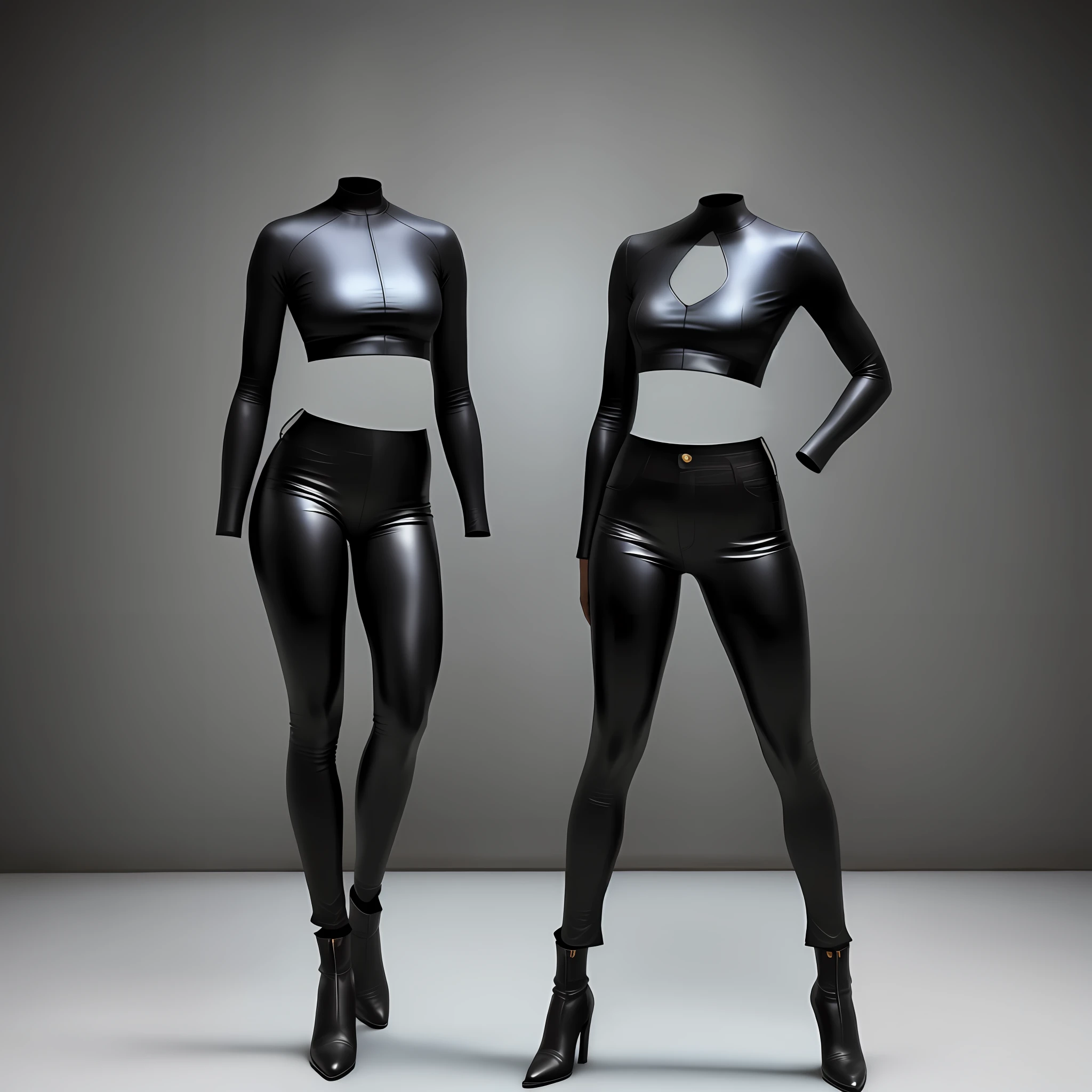 invisible woman in empty leather pants standing on their own, air inside, inflated as if worn by person