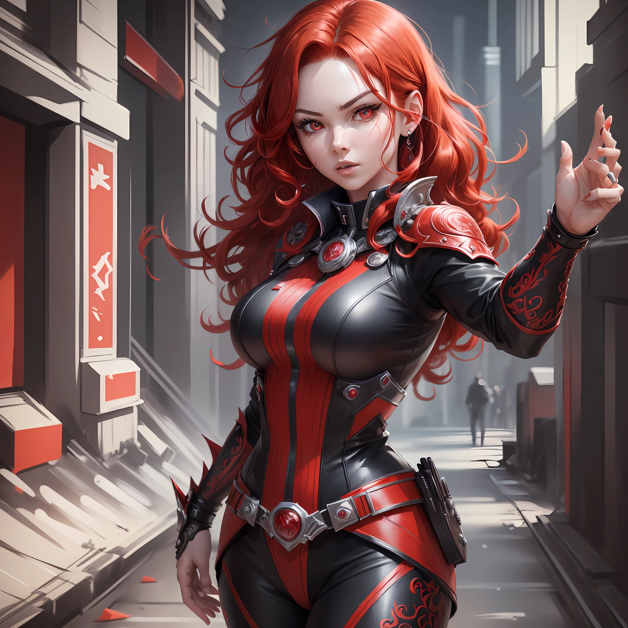 woman, solo, red hair, red eyes, (dynamic pose:1.5), (intricate details:1.2), 8k wallpaper, (highest image quality:1.5), (8k:1.4), (Masterpiece), (ultra-detailed), (Detailed eyes:1.4), (sharp details:1.3), large curly hair