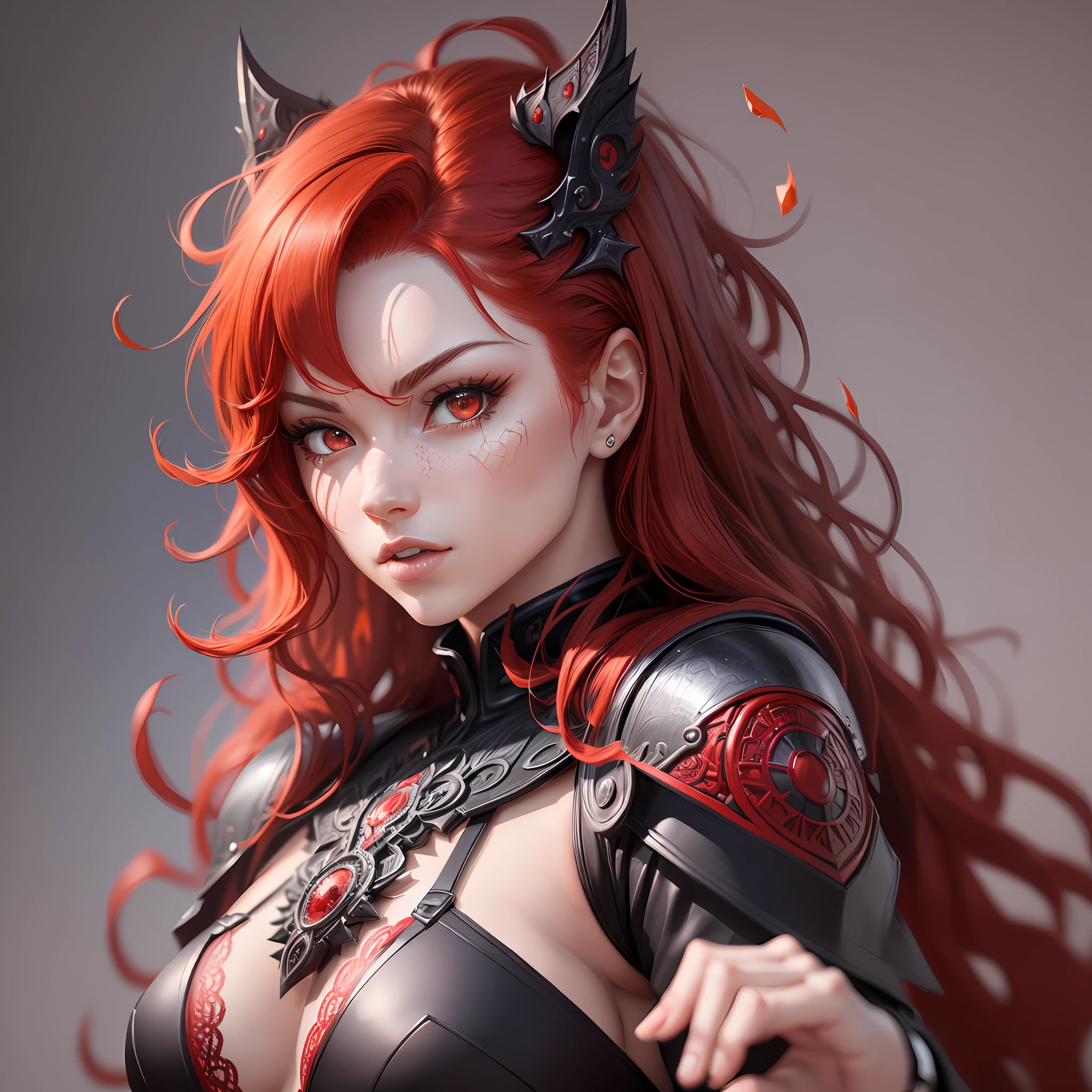 woman, solo, red hair, red eyes, (dynamic pose:1.5), (intricate details:1.2), 8k wallpaper, (highest image quality:1.5), (8k:1.4), (Masterpiece), (ultra-detailed), (Detailed eyes:1.4), (sharp details:1.3), large curly hair