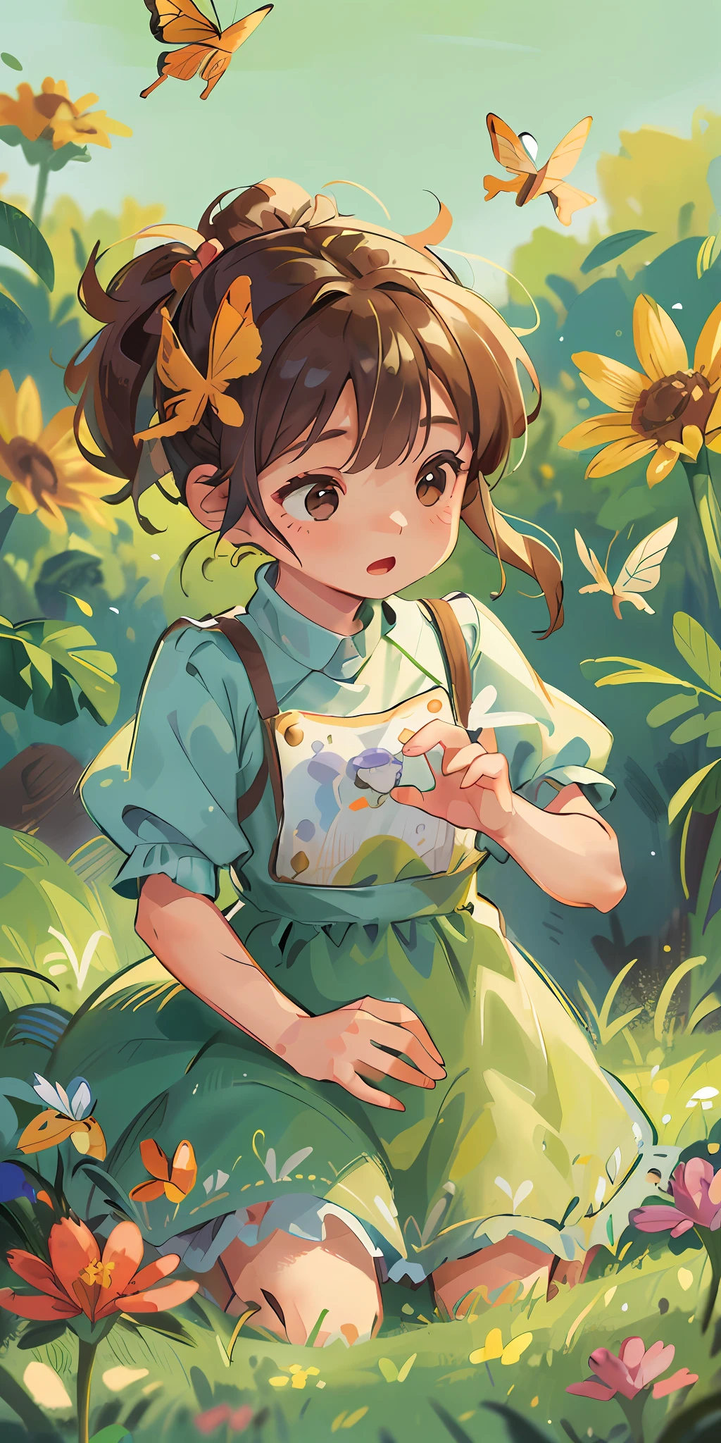 High Detail, Ultra Detail, Ultra High Resolution A cute and innocent girl, child, toddler, enjoying her time in the open field, surrounded by the beauty of nature, warm sun sprinkling on her, wildflowers gently swaying in the breeze. Butterflies and birds flutter around her, adding to the playful atmosphere , --v6