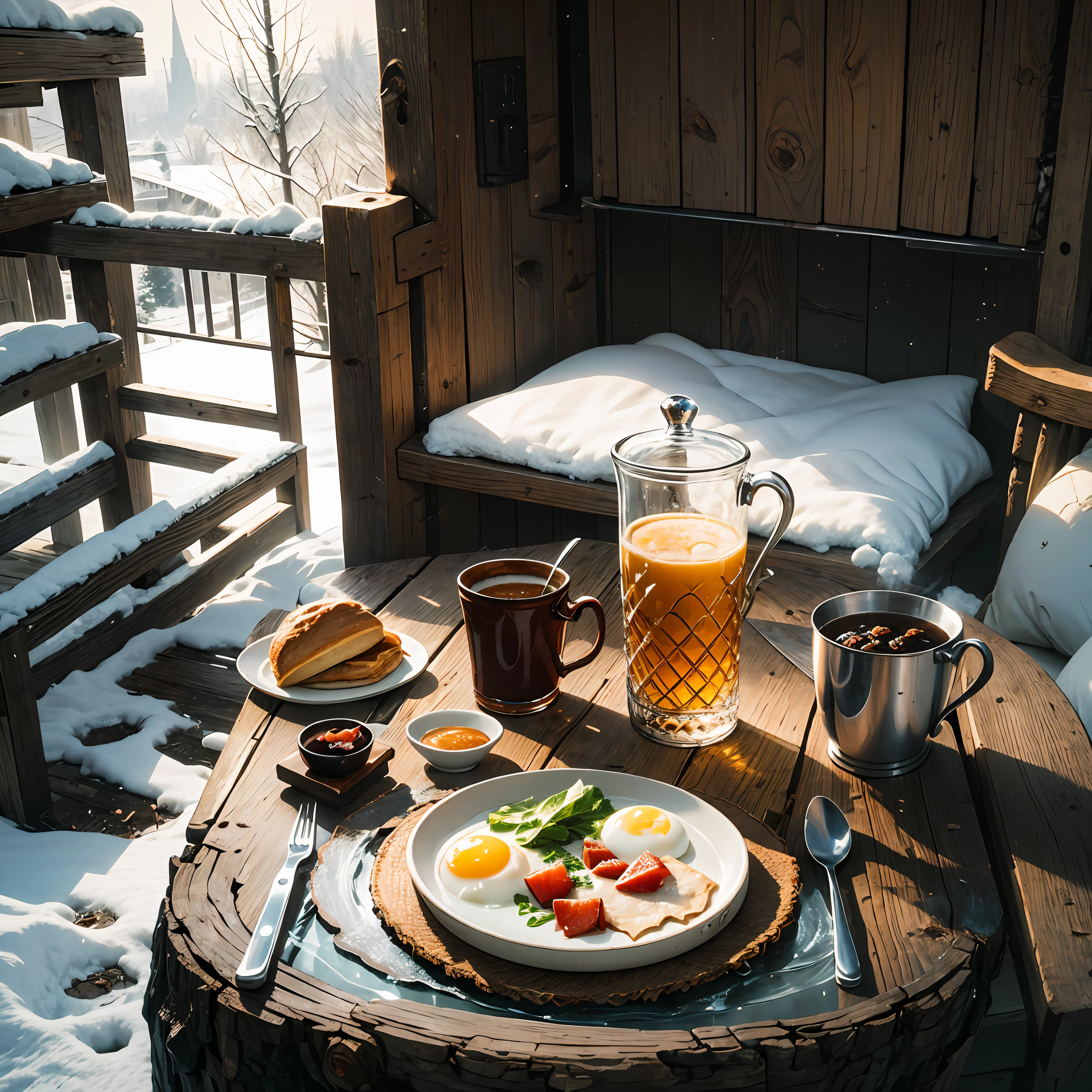 Breakfast at a rustic table in the cold