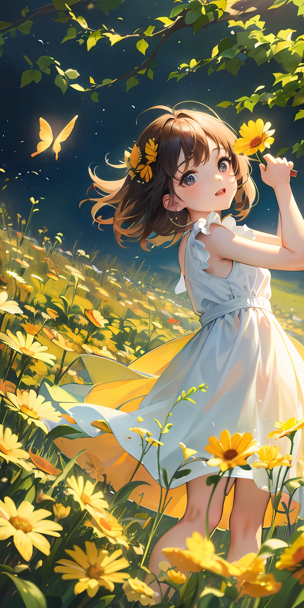 High Detail, Ultra Detail, Ultra High Resolution A cute and innocent girl, child, toddler, enjoying her time in the open field, surrounded by the beauty of nature, warm sun sprinkling on her, wildflowers gently swaying in the breeze. Butterflies and birds flutter around her, adding to the playful atmosphere , --v6