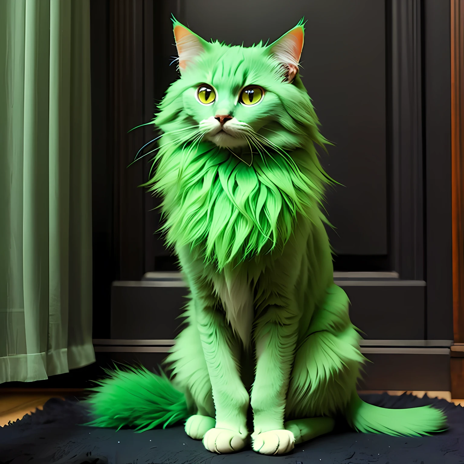 Cat with green hrama fur