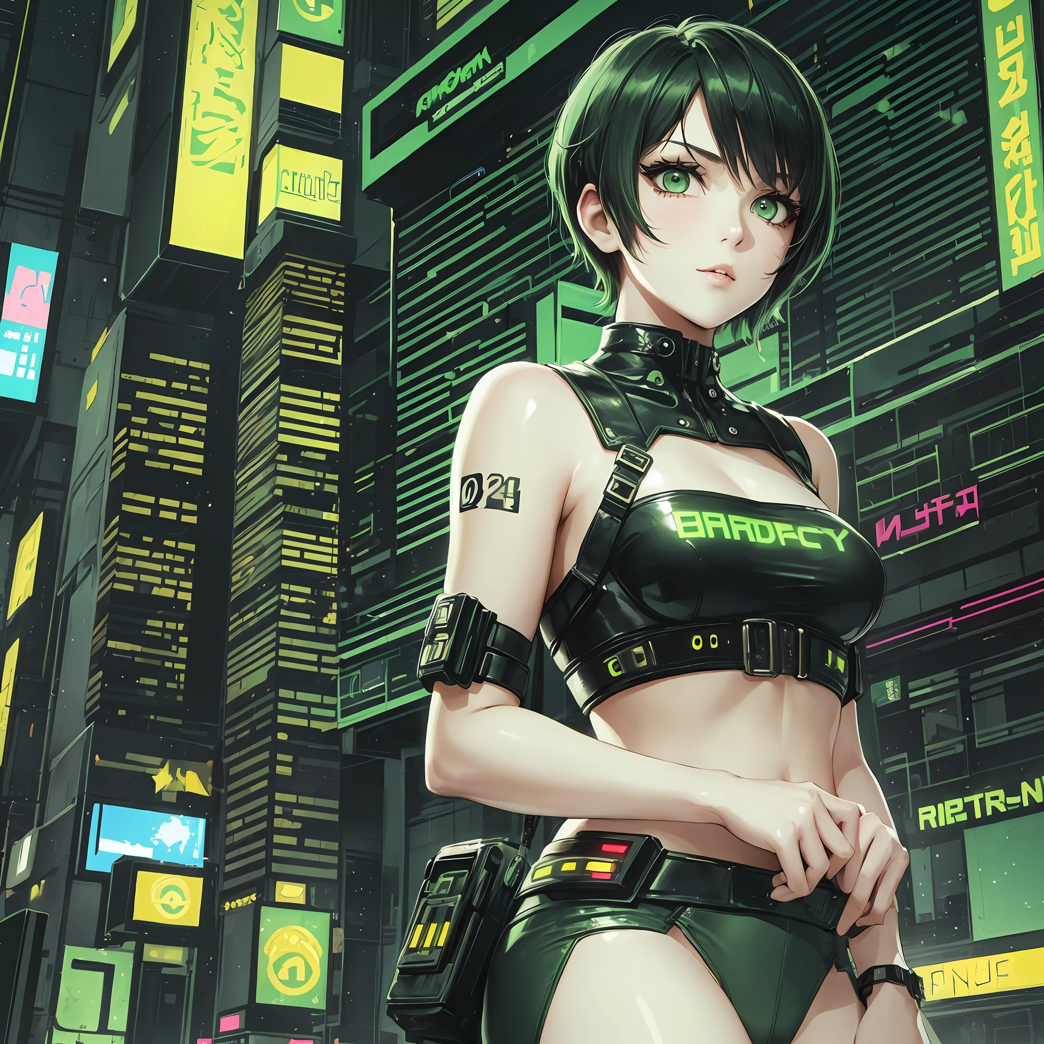 (a pretty girl with short hair), (green eyes), (beautiful cyberpunk clothes), (cute:1.2).