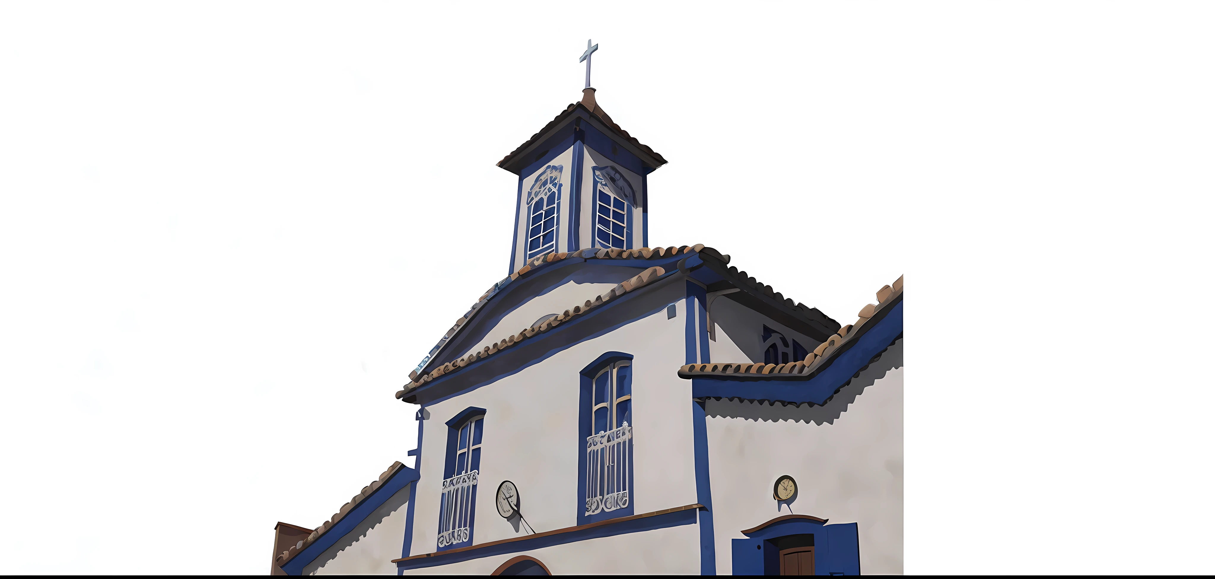 there is a white and blue church with a clock tower, bispo do rosario, church, frontview, stacked image, white church background, seen from outside, nazare (portugal), azulejo, rendered, digitally painted, freddy mamani silvestre facade, post processed denoised, rendered image, outside view, church painting, favela spaceship cathedral --auto --s2