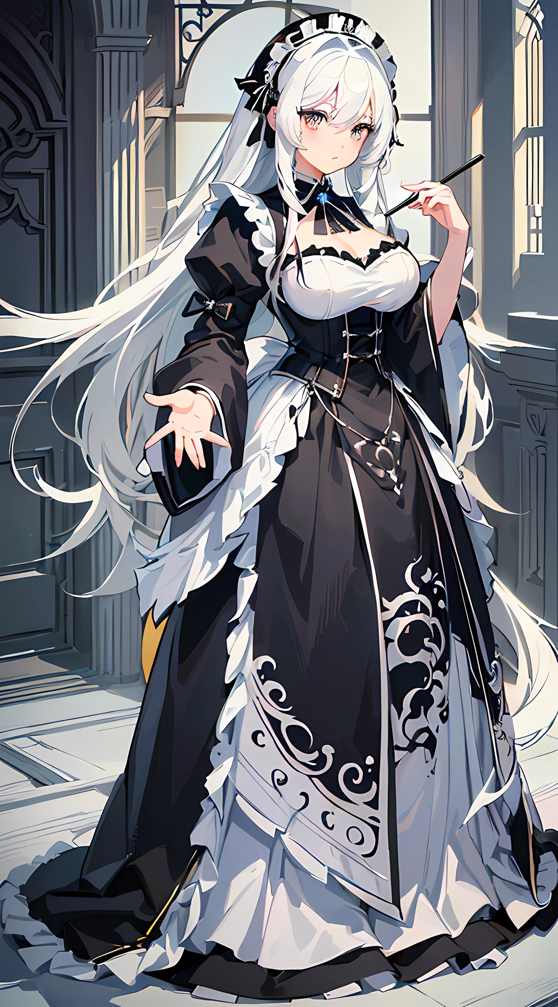 (Animated characters, black and white costumes, long white hair, Lee Knight style character design, Pixiv, Lacco tower, white-haired god, azure style, (noble robes: 1.1), cute anime outlander, fashion maid, anime goddess, gothic (shoujo, girl, maid costume), best quality: 1.2)