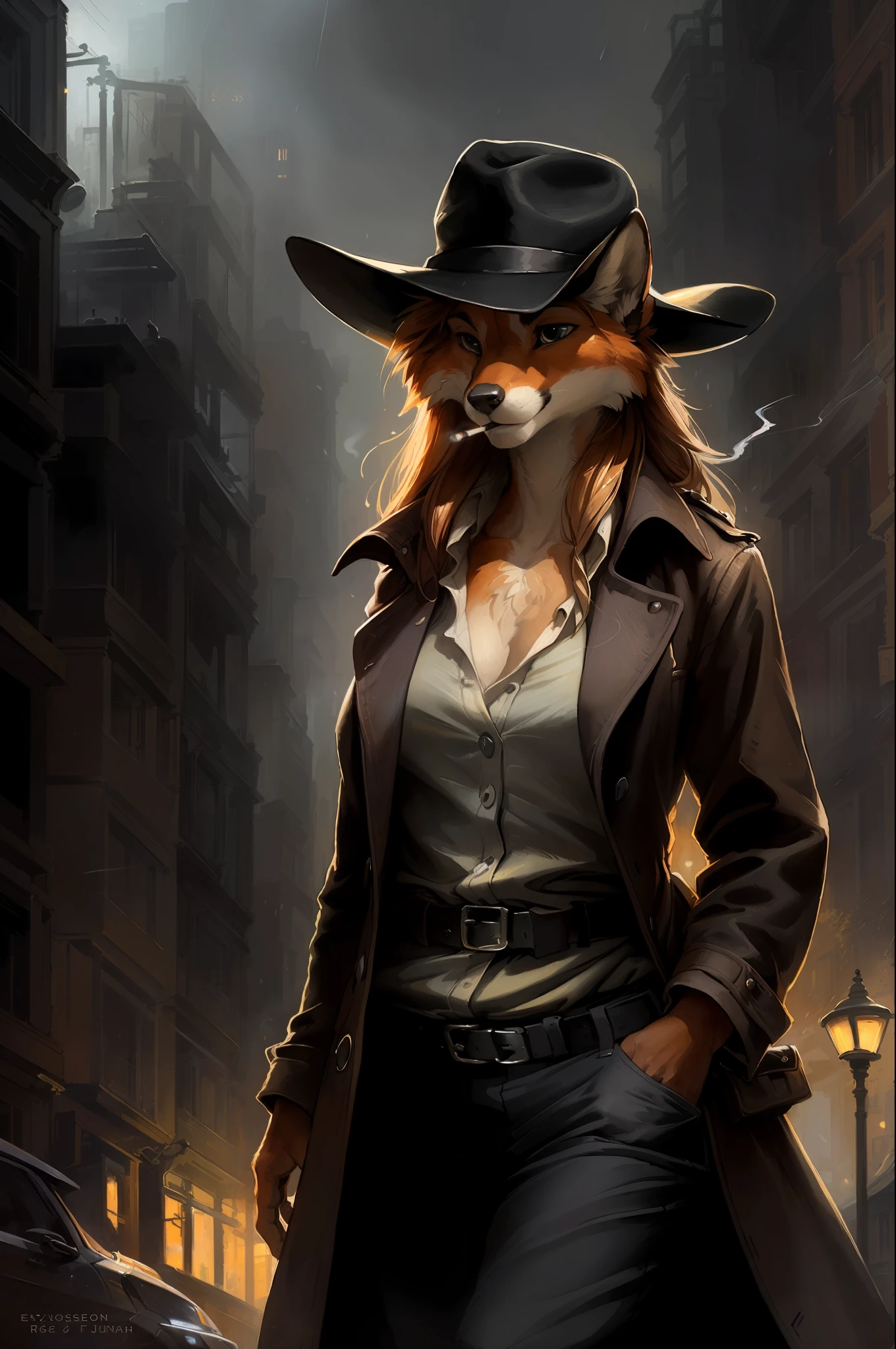 fox girl, big chest, day, sexy, sensual, detailed, uploaded to e621, beautiful and detailed portrait of an anthropomorphic vixen ((female))) kenket, Ross Tran, ruan jia, uploaded to e621, zaush, foxovh, movie lighting, dressed as a private investigator, rain, long hair, night, mysterious, incognito, dramatic, heavy atmosphere, trench coat, smoking, vibrant colors, gloomy, backlight, very detailed background,  city, noir, black fedora hat, looking towards the camera