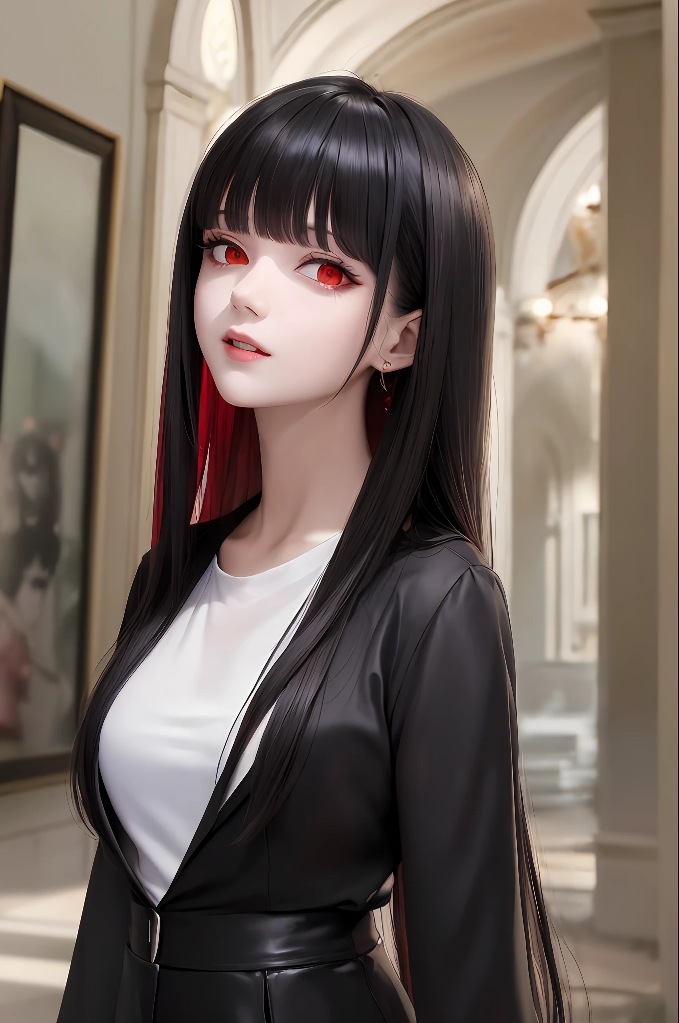 "((masterpiece)), best quality, black hair, red eyes, look up, vampire (upper body),":