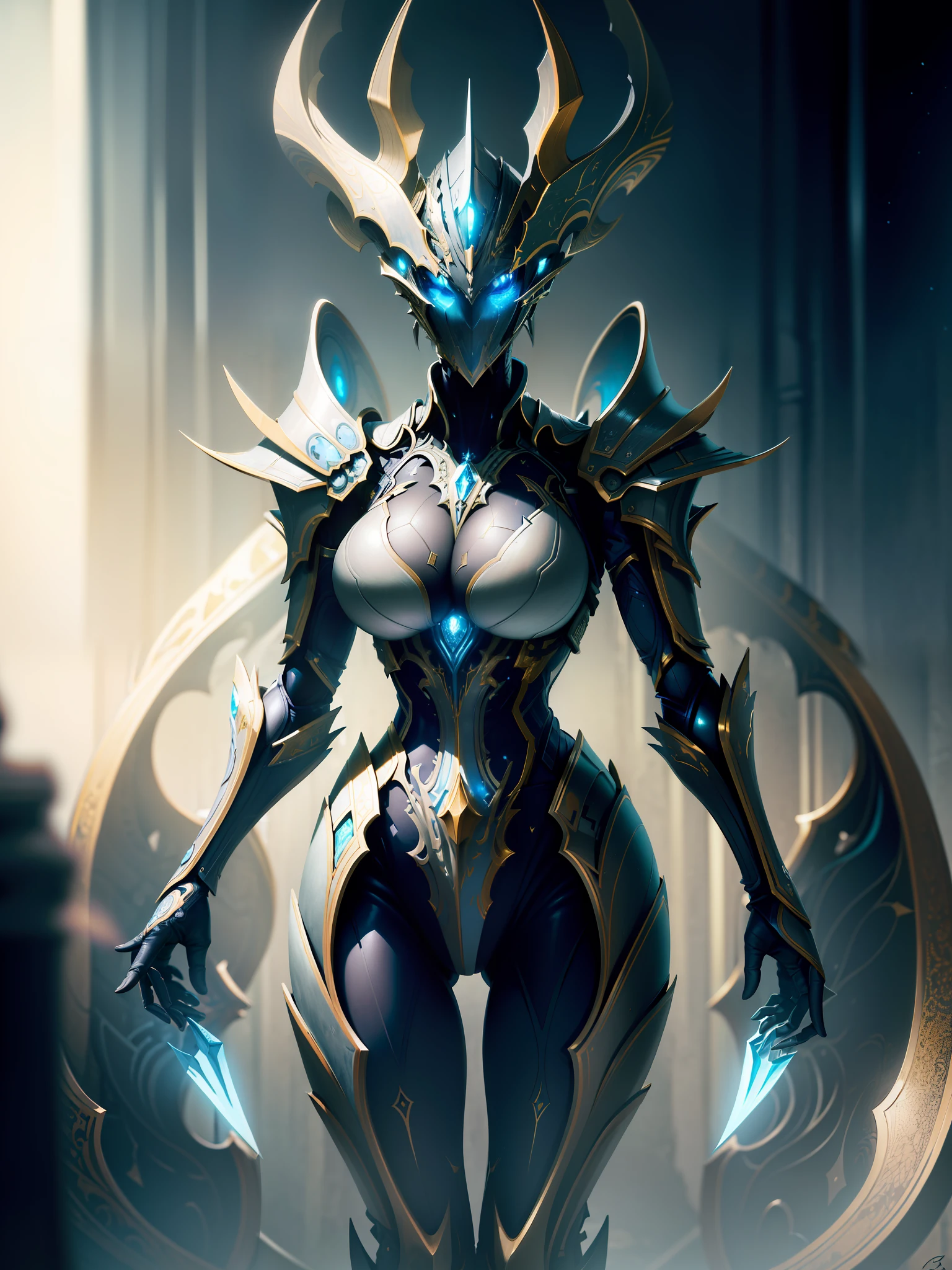 (masterpiece:1.2), best quality, high resolution, unity 8k wallpaper, (illustration:1.0), beautiful detailed, extremely detailed, perfect lighting, extremely detailed CG,glowing eyes,
,armor,full_armor,warframe,horns, fake horns, blue eyes, global ray tracing,large breasts,
looking at the viewer,solo,perspective,
