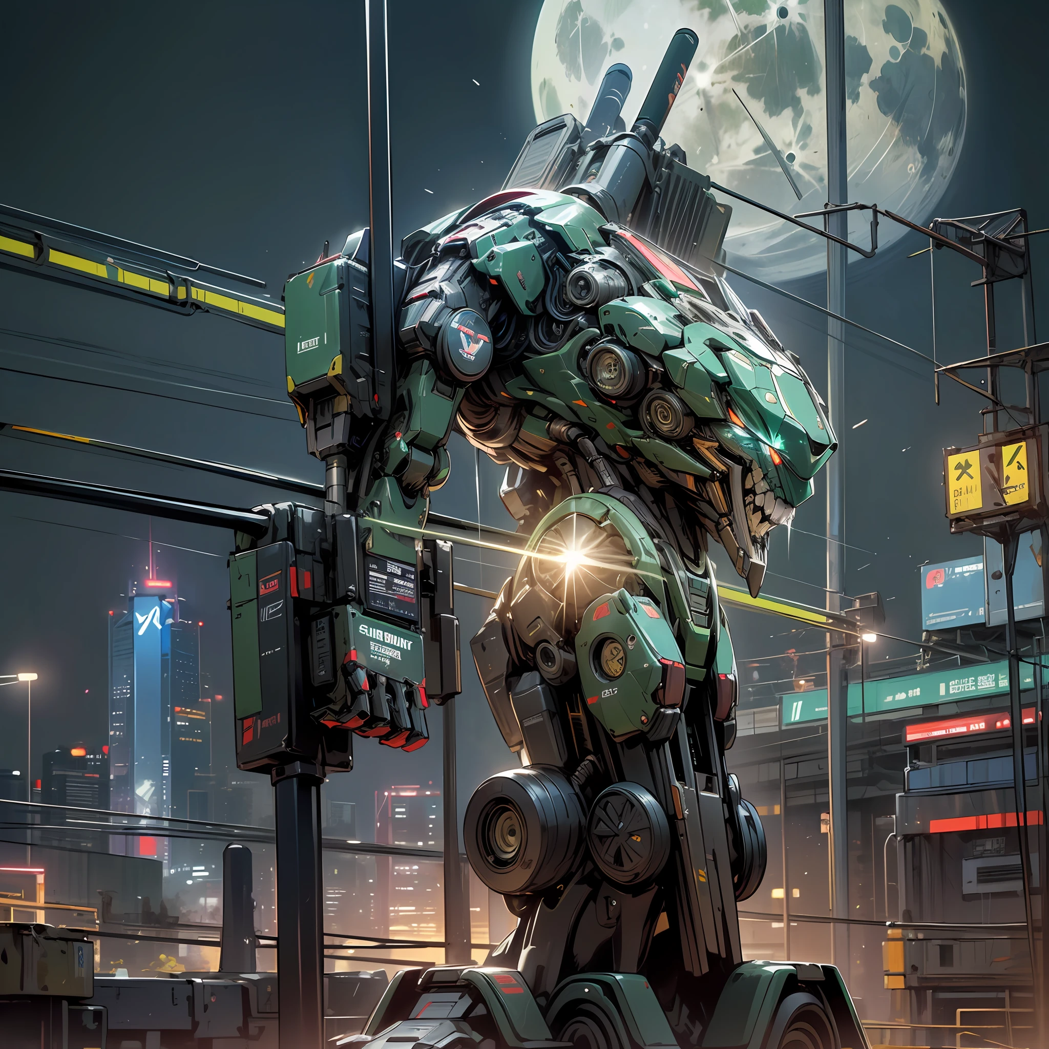 (8k, RAW photo, best quality, masterpiece: 1.2), (realistic, photo-realistic: 1.80)Transformers style robot, Brazilian, green eyes, Military, local urban zone of Teresina -PI, Brazilian army engineering weapon, strong, standing, full moon in the background, night, neon city lights. Cyberpunk. --auto --s2