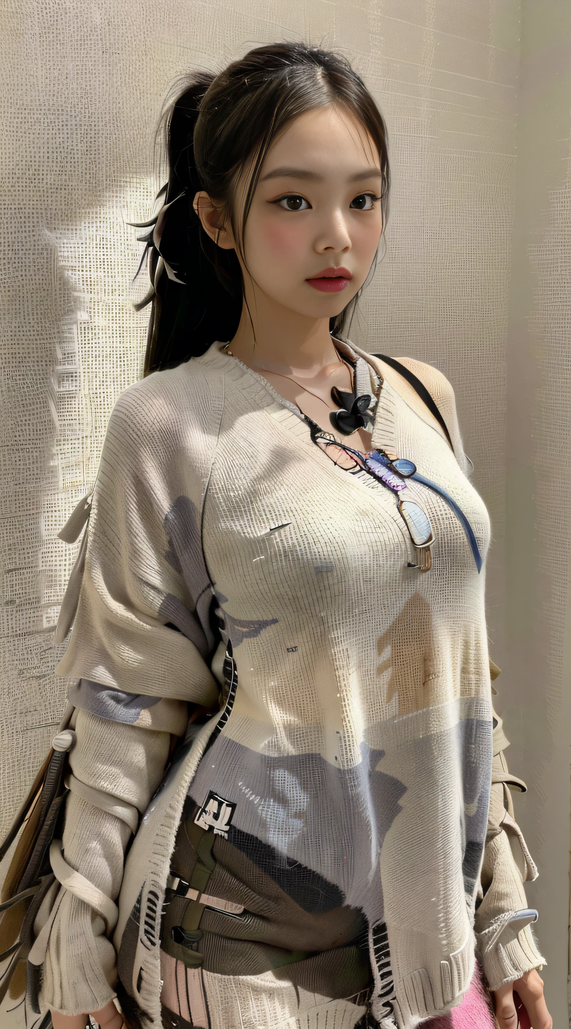(1girl:1.3), Solo, __body-parts__, Kim Ji-ni Jennie Face, Doomsday Wasteland Style, Broken Khaki Gray Sweater, Long Broken Tassel Knit Poncho, Dusty, Stormy, Earthy, Gray Tones, 8K Resolution Image, Intricate Symmetry Details. The whole picture is invincible and heroic, mainly a complete picture of a woman standing all over her body, with smooth movements and a confident expression.