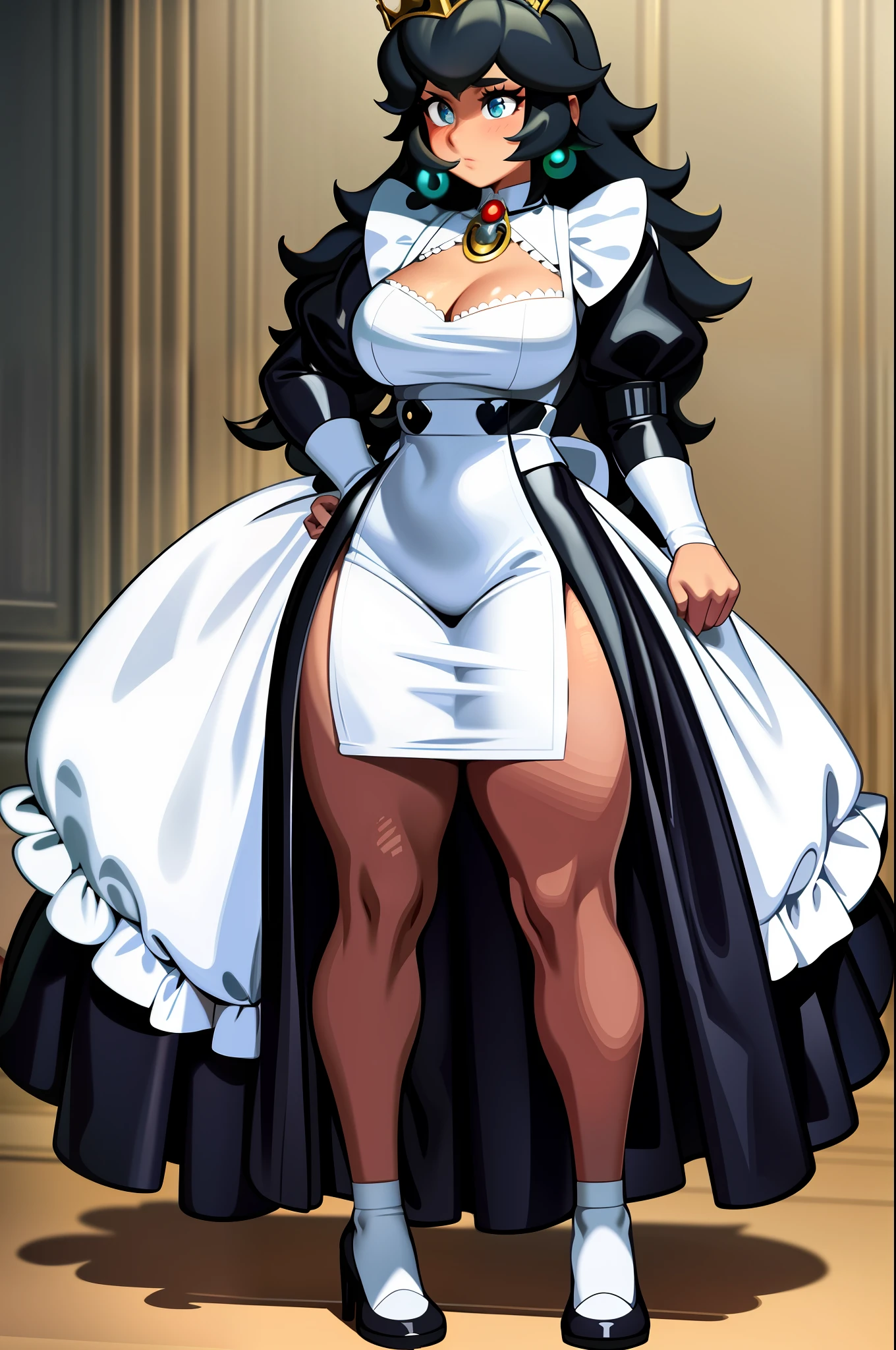 celestia ludenberg, young woman, half body view, cute face, wide hips, wearing maid outfit, micro skirt, little crown,